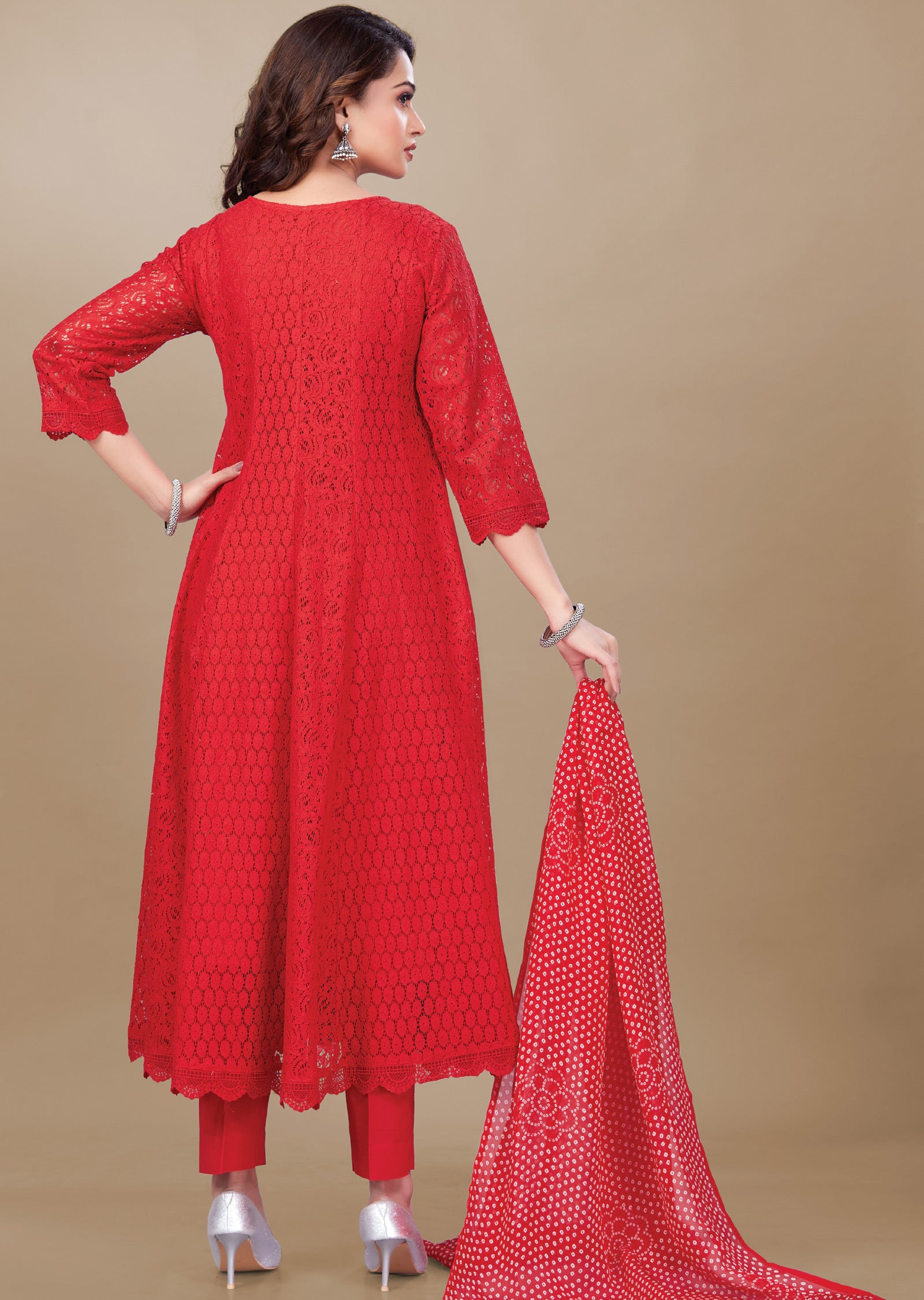 Red Crosia Net Anarkali