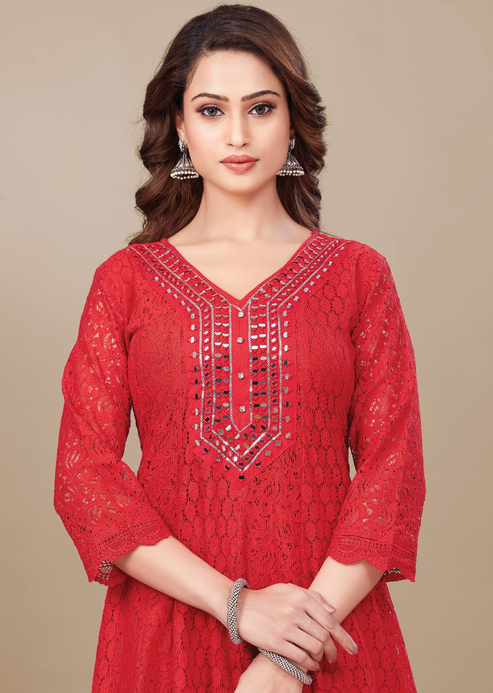 Red Crosia Net Anarkali