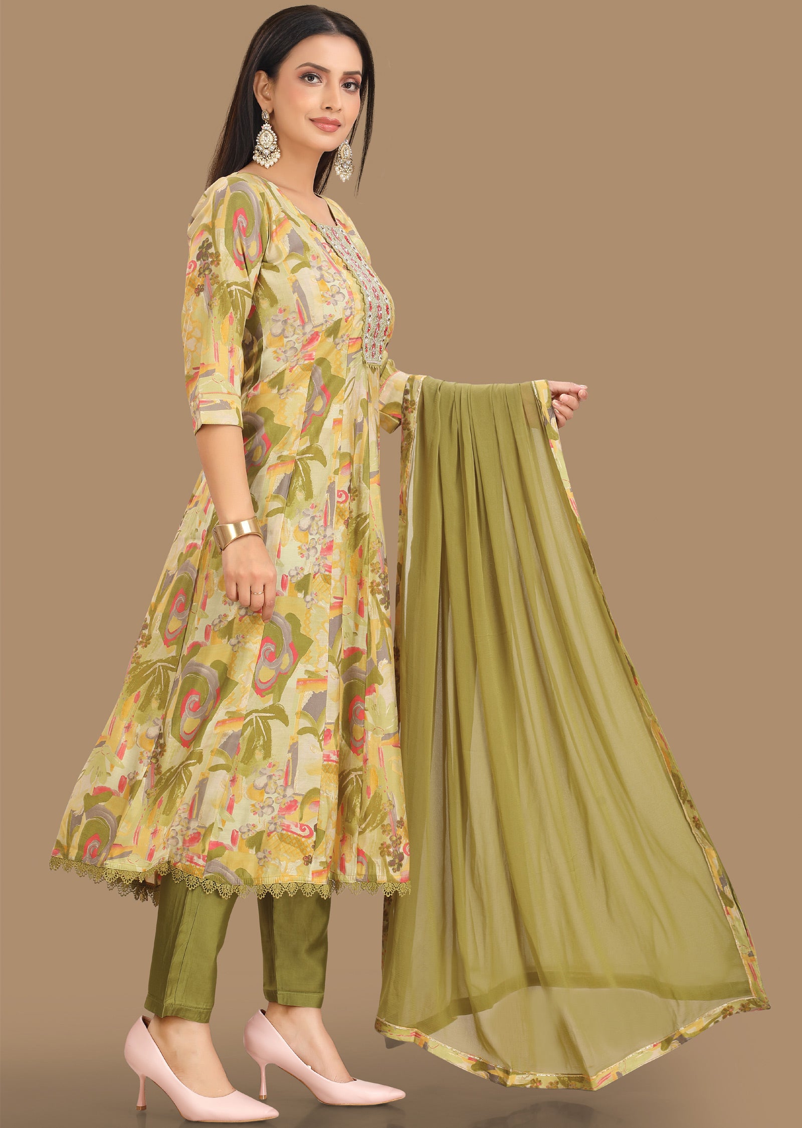 Mehendi Green Dola Silk Anarkali