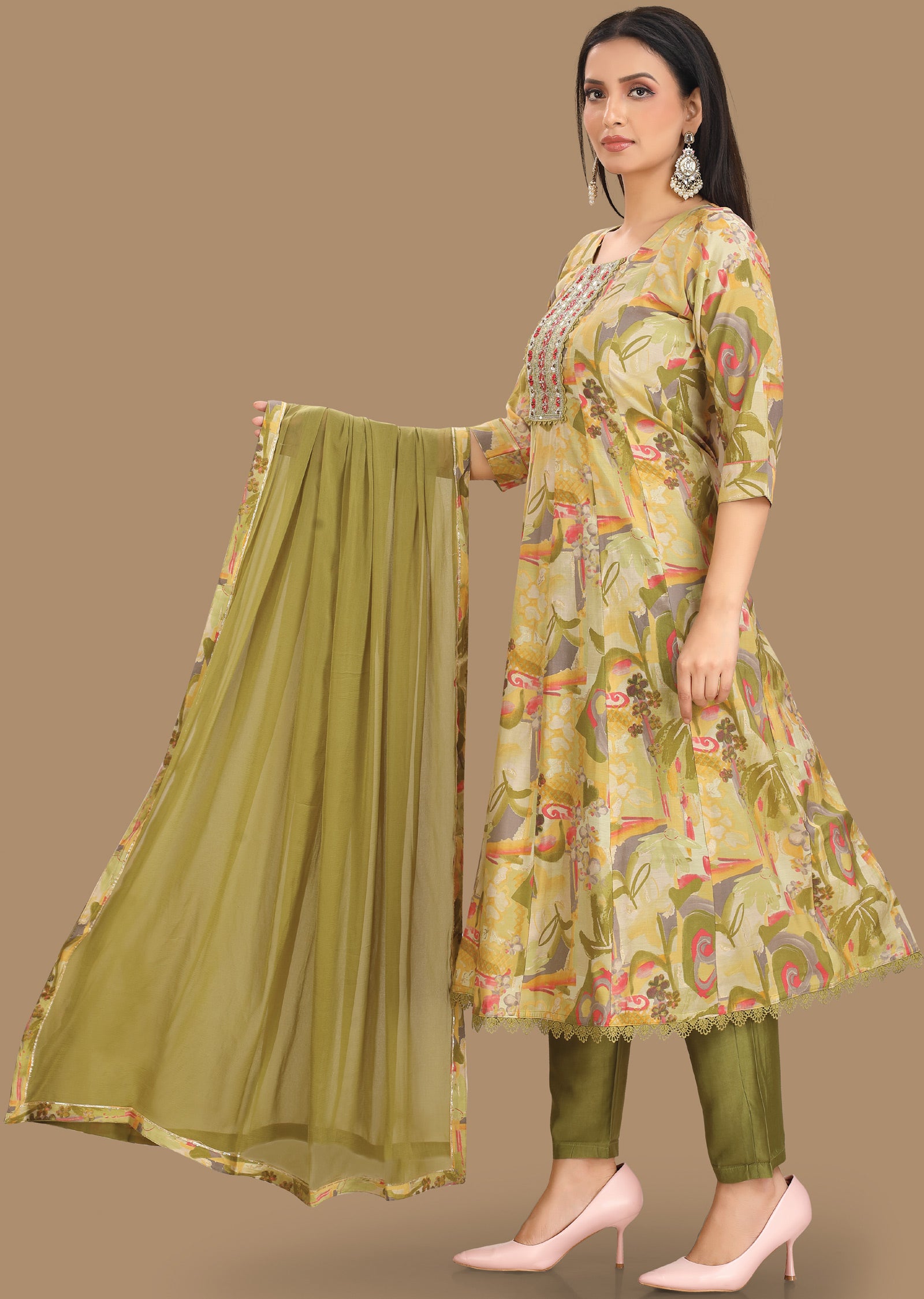 Mehendi Green Dola Silk Anarkali