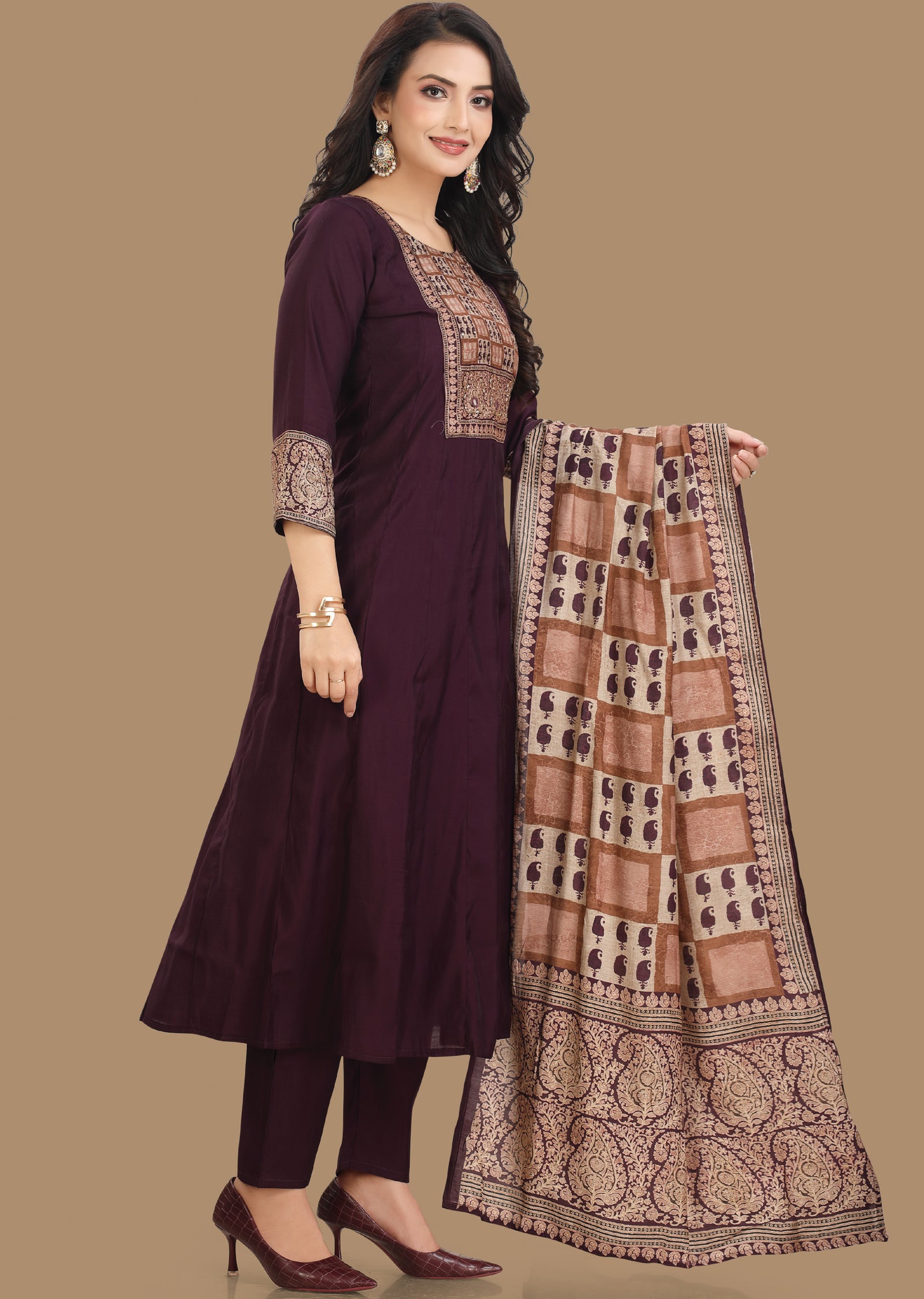 Wine Russian Silk Anarkali