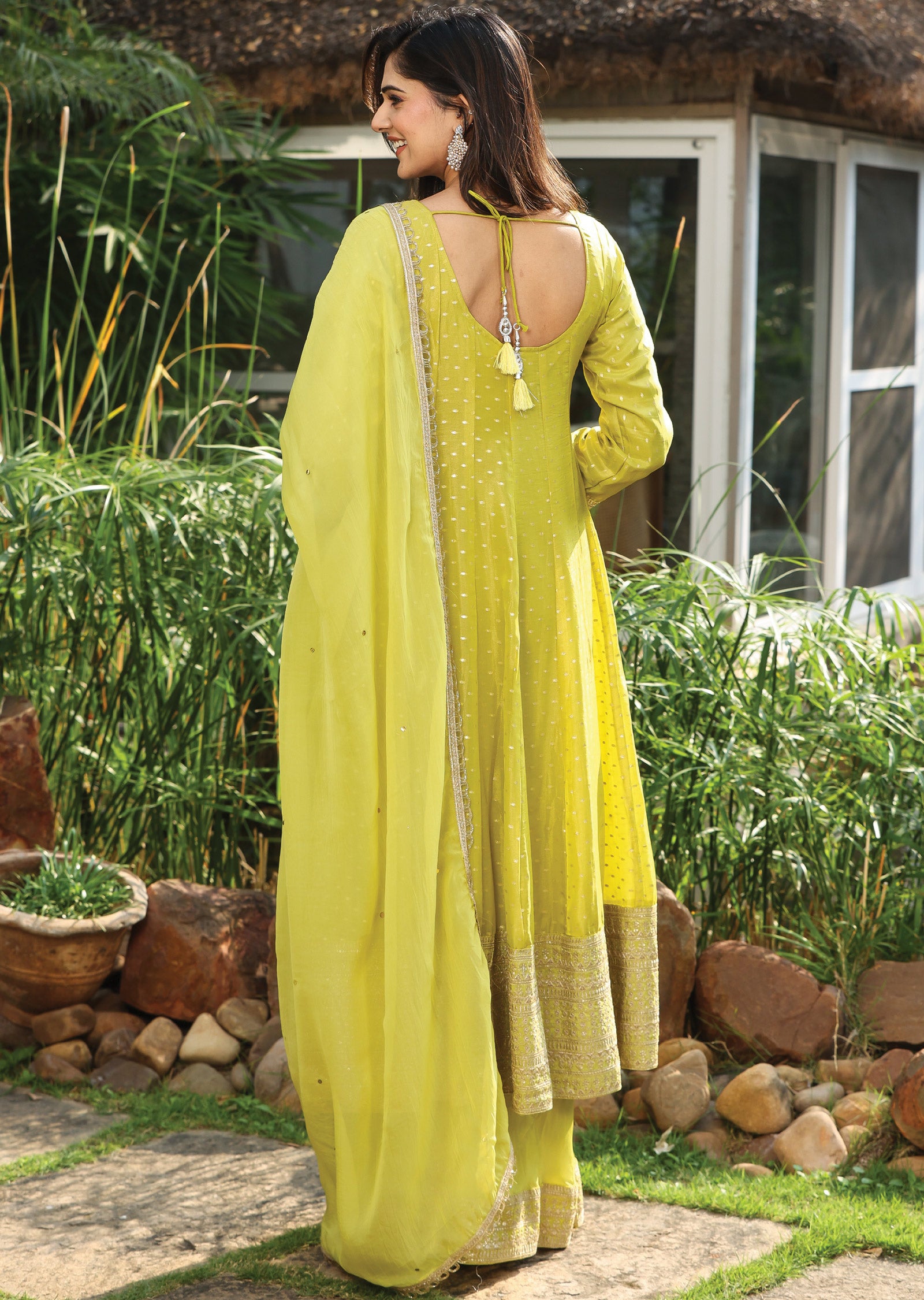 Lime Green Banaras Tissue Silk Anarkali