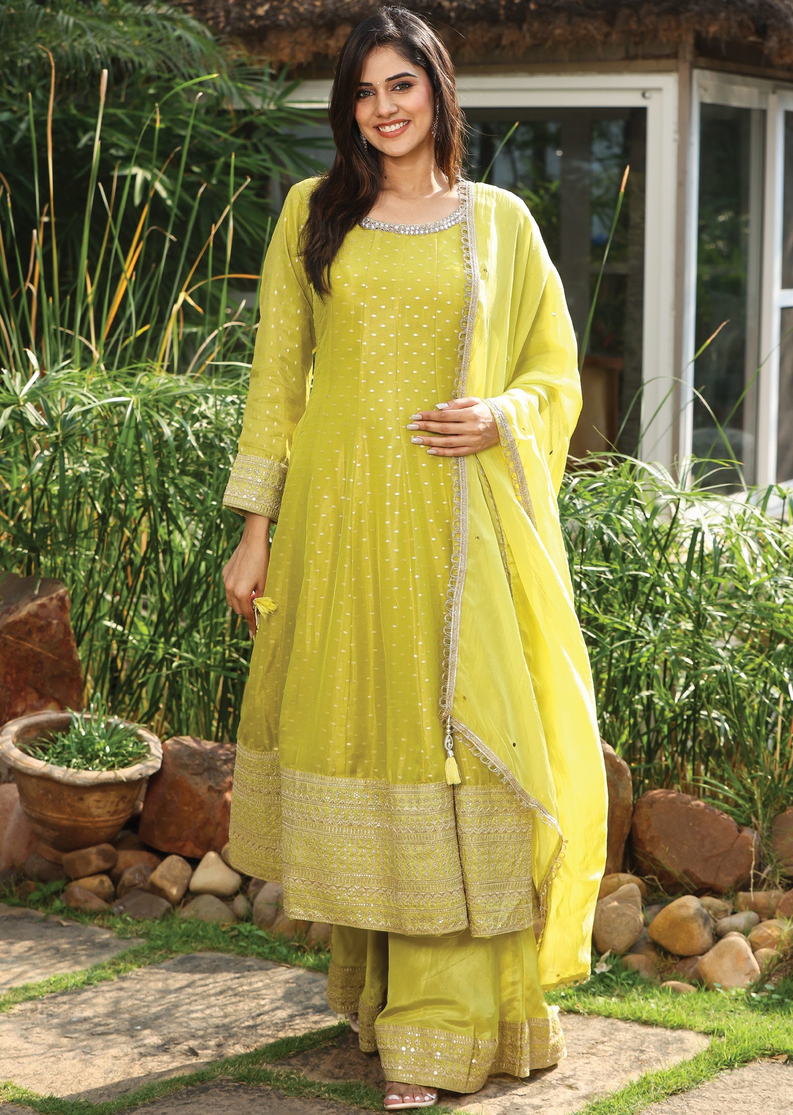 Lime Green Banaras Tissue Silk Anarkali