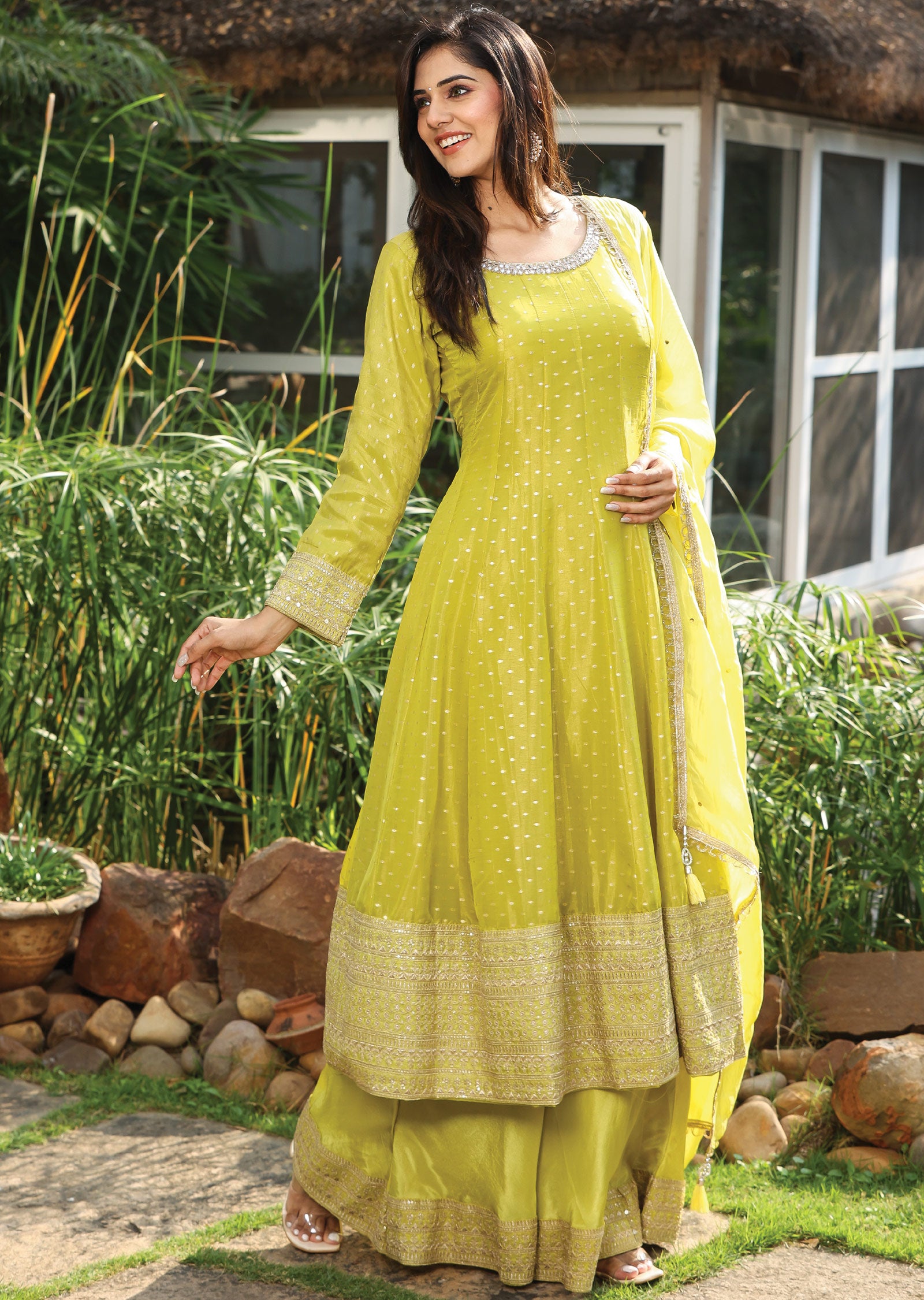 Lime Green Banaras Tissue Silk Anarkali