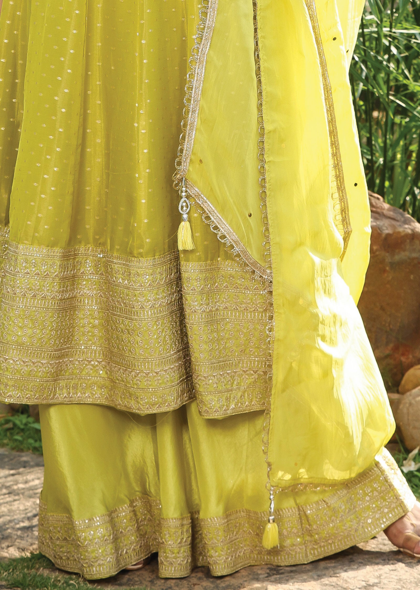 Lime Green Banaras Tissue Silk Anarkali