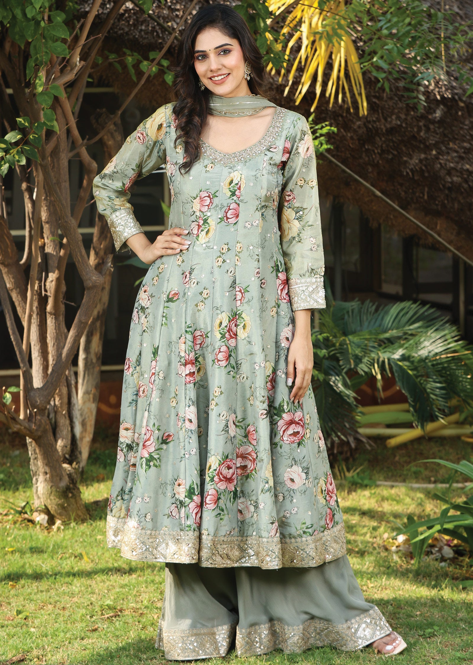 Dusty Green Tissue Silk Anarkali