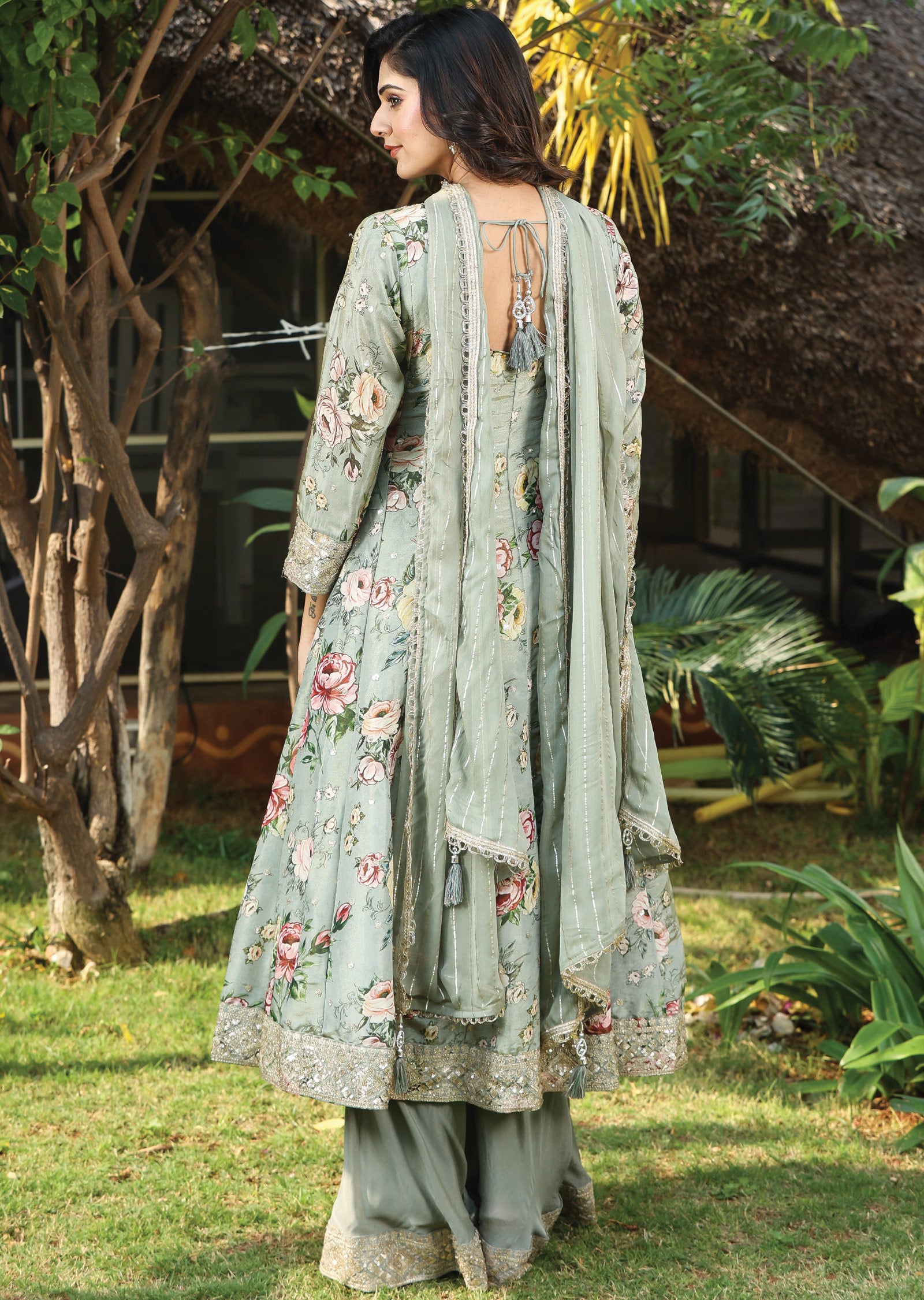 Dusty Green Tissue Silk Anarkali