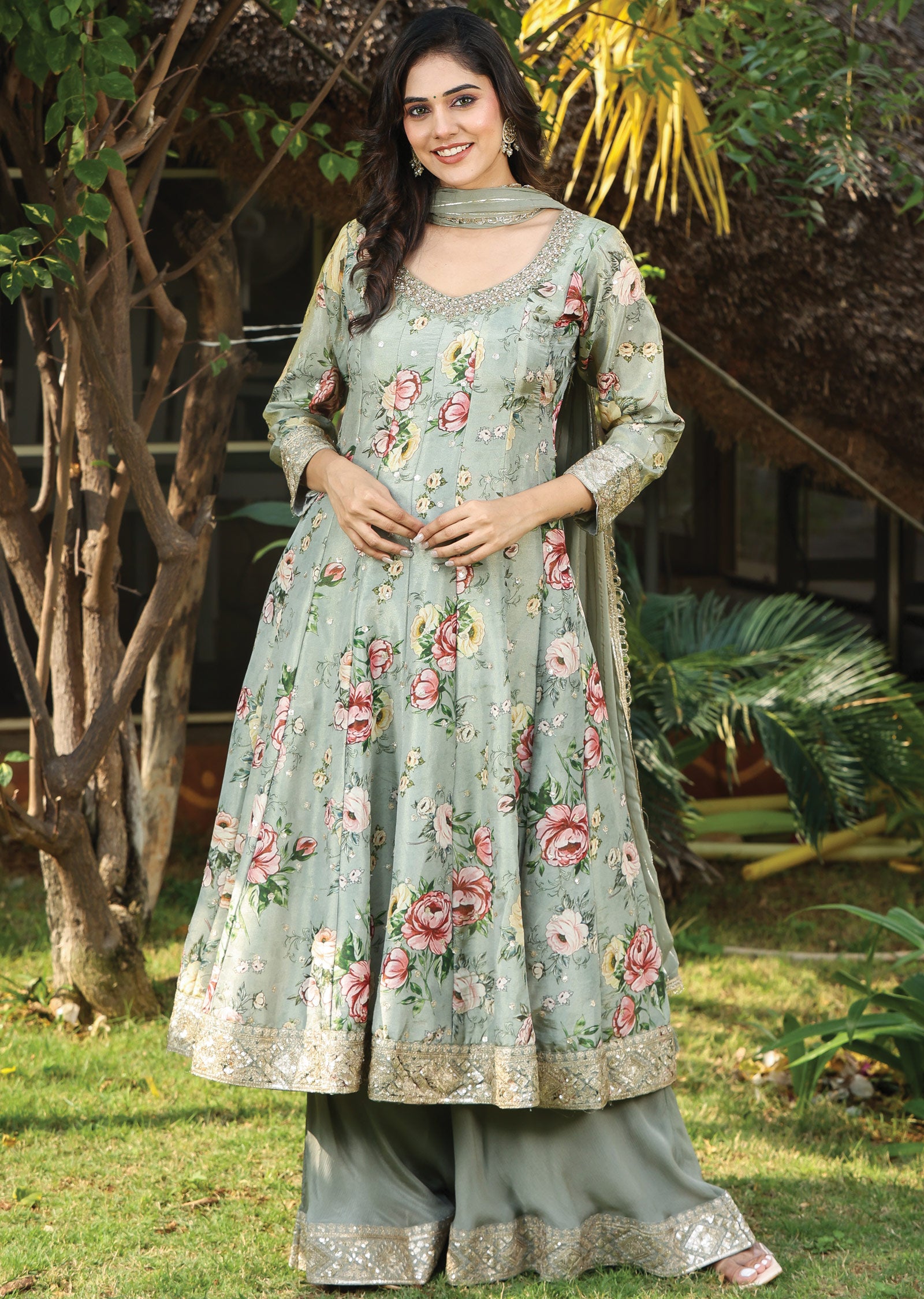 Dusty Green Tissue Silk Anarkali