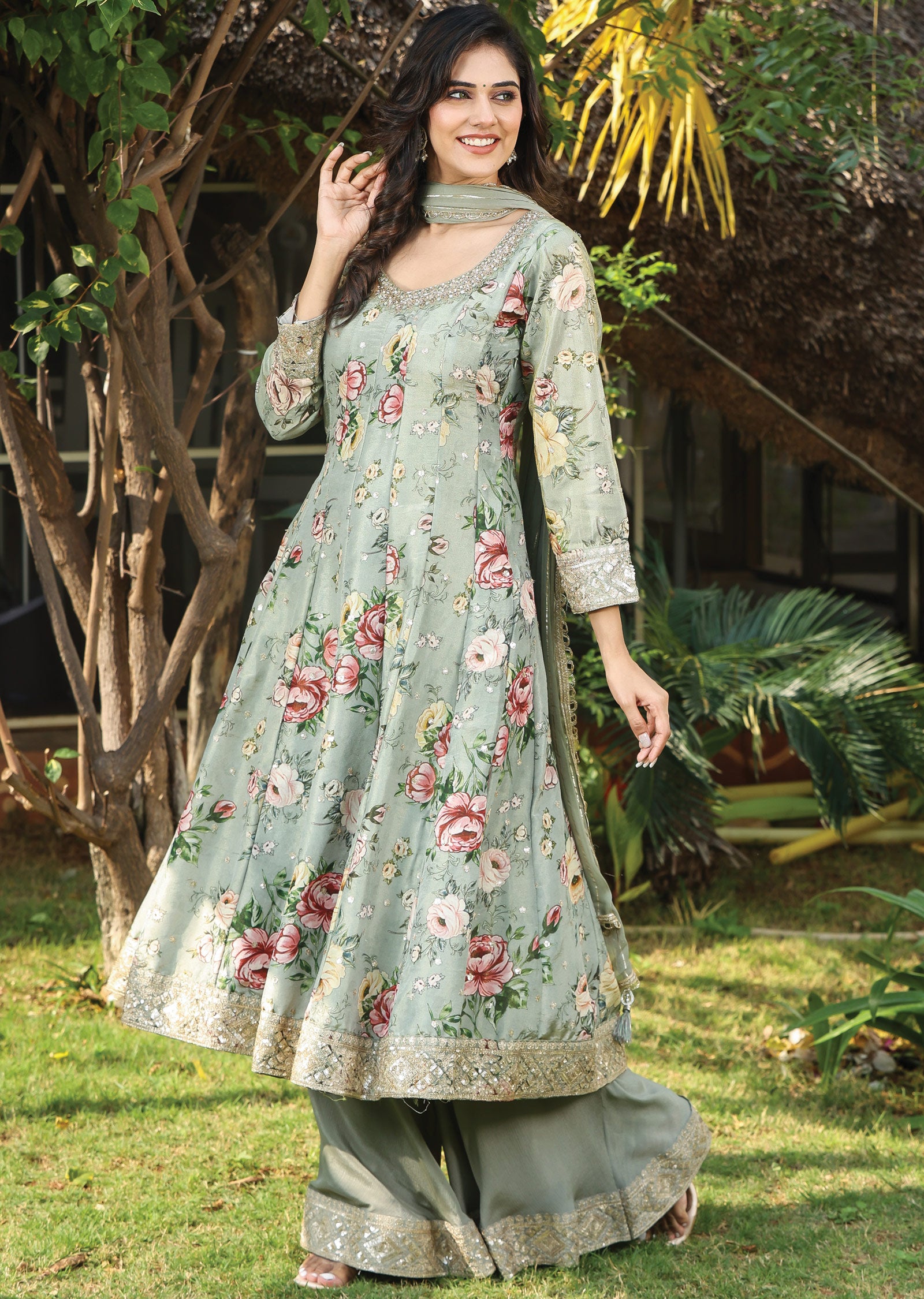 Dusty Green Tissue Silk Anarkali