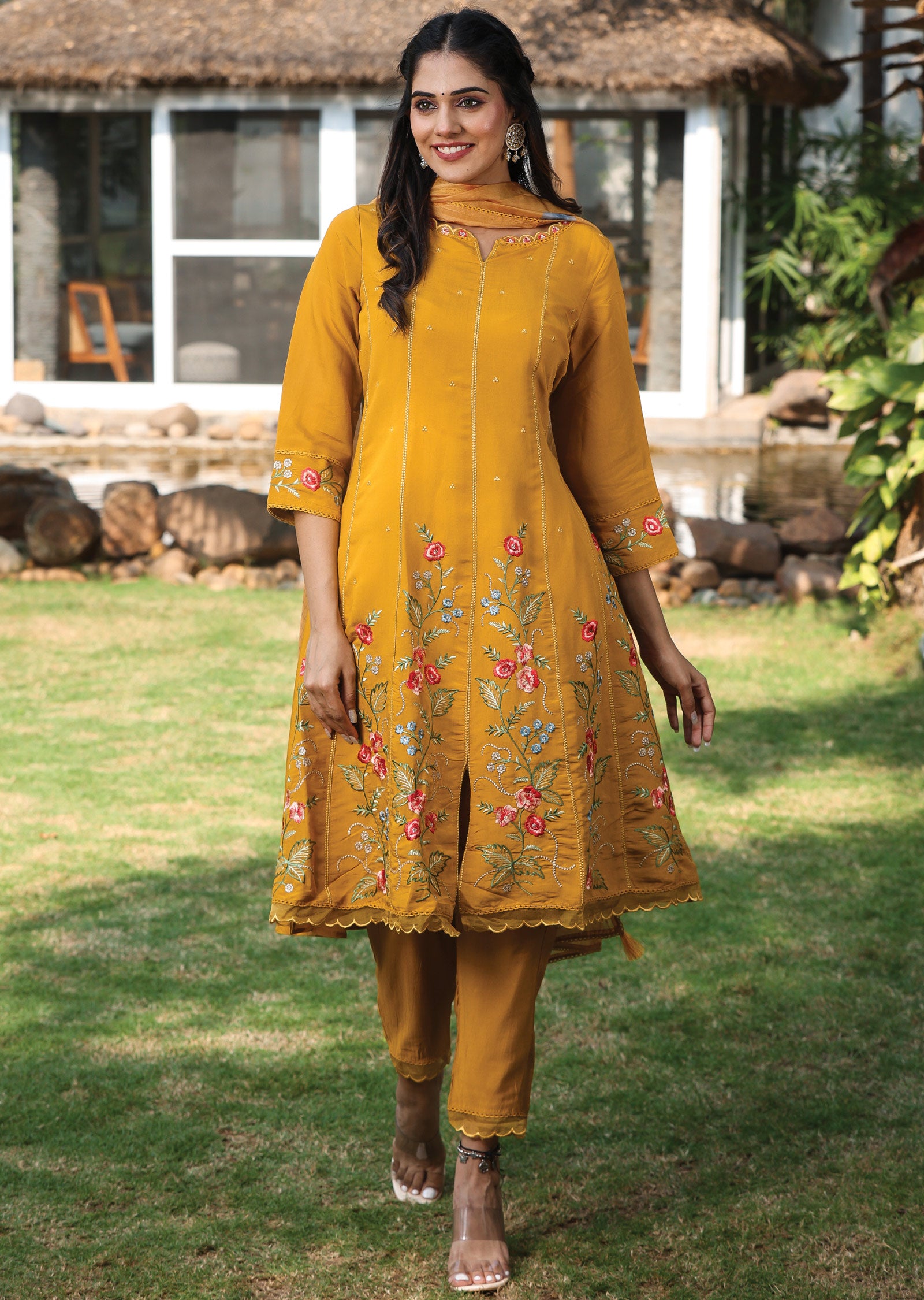 Mustard Russian Silk Anarkali