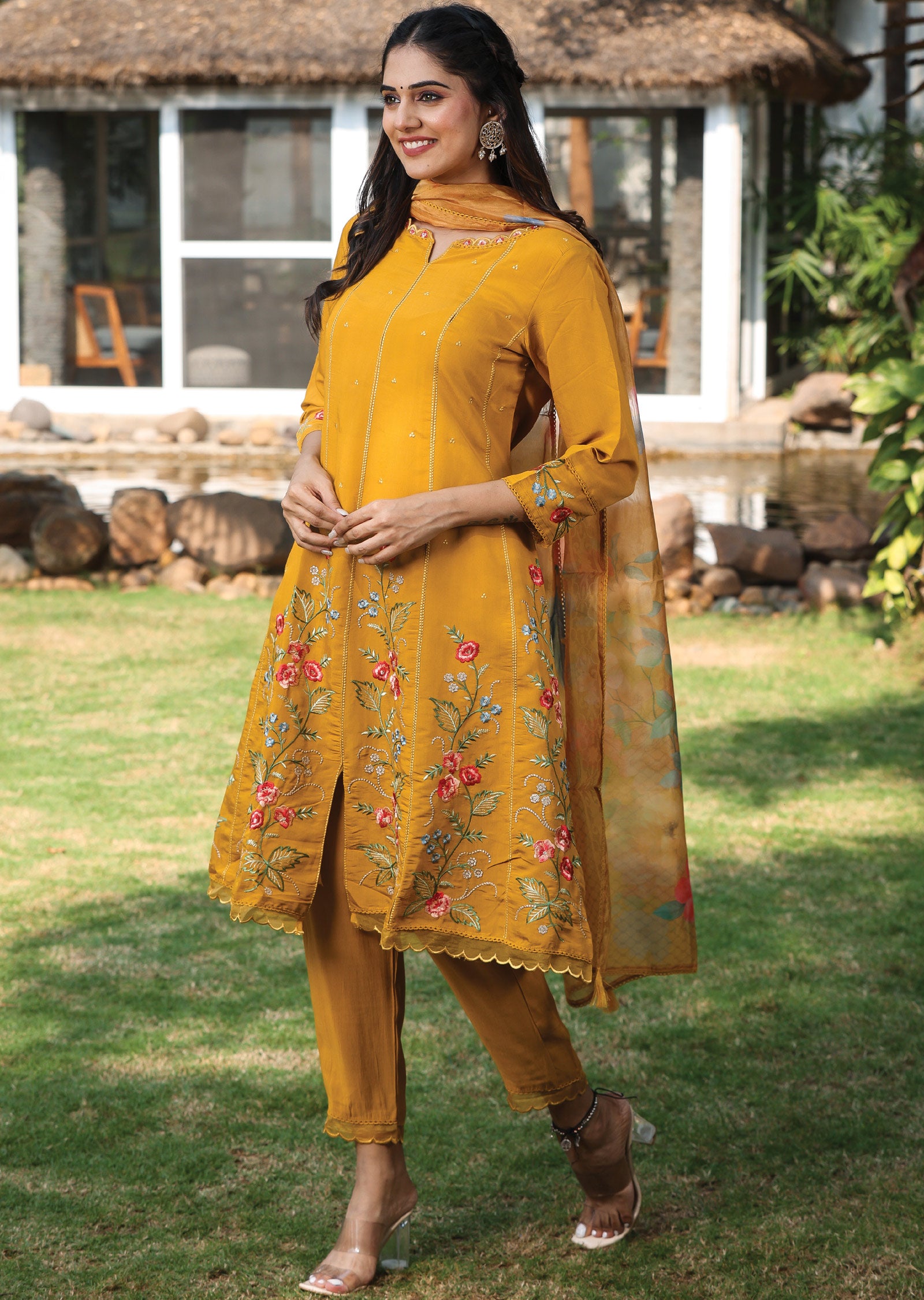 Mustard Russian Silk Anarkali