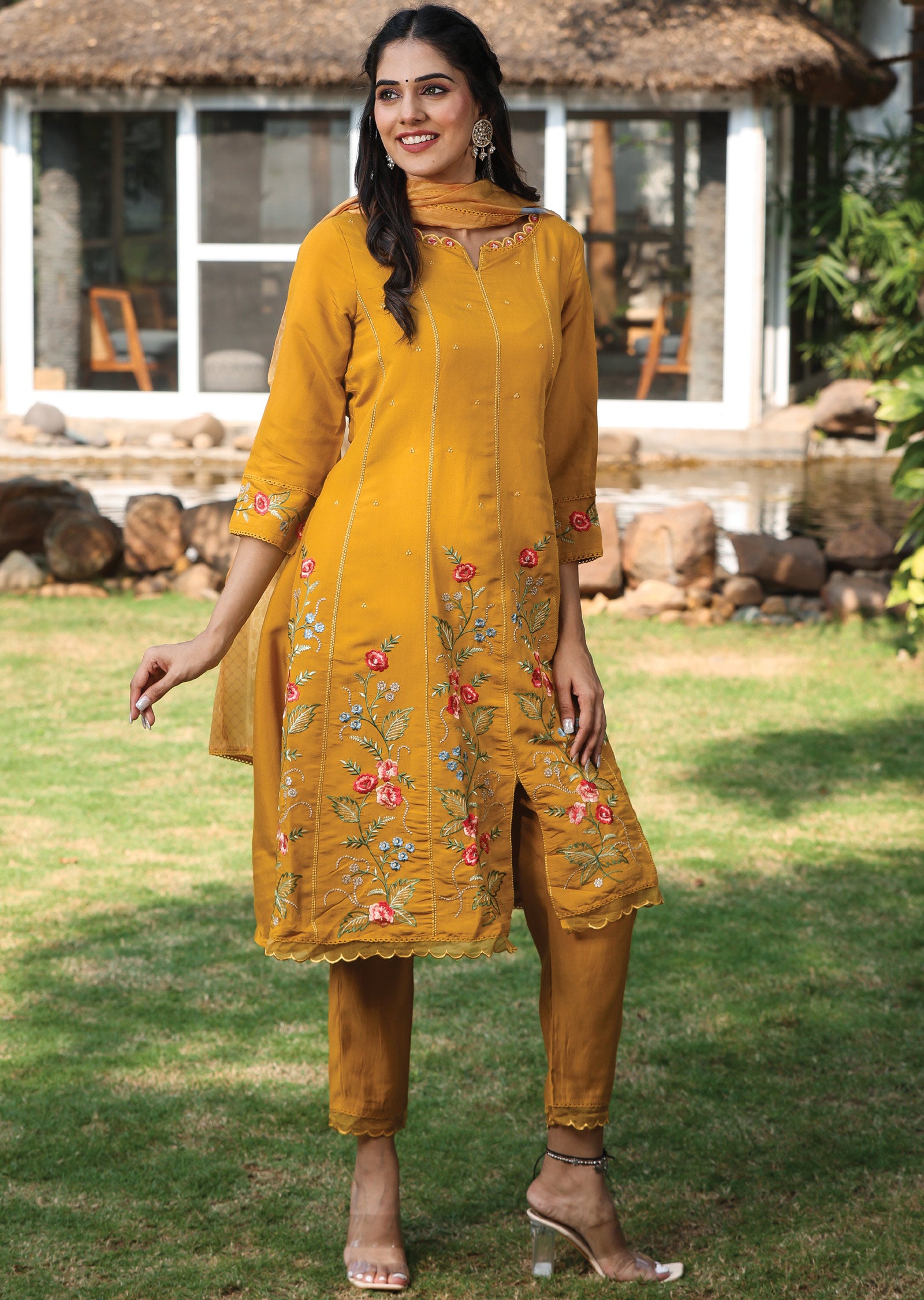 Mustard Russian Silk Anarkali