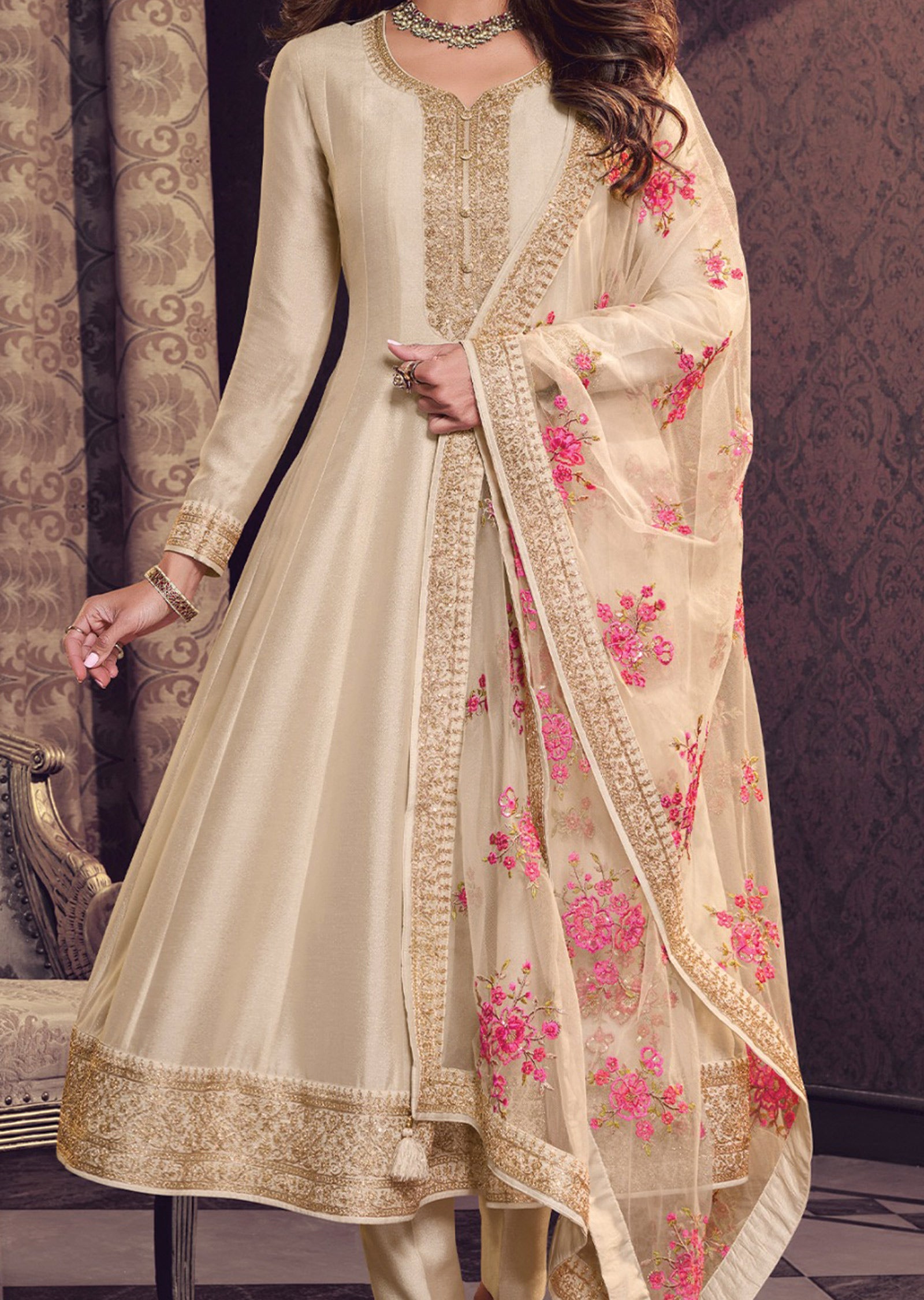 Beige Soft Silk Anarkali Suit