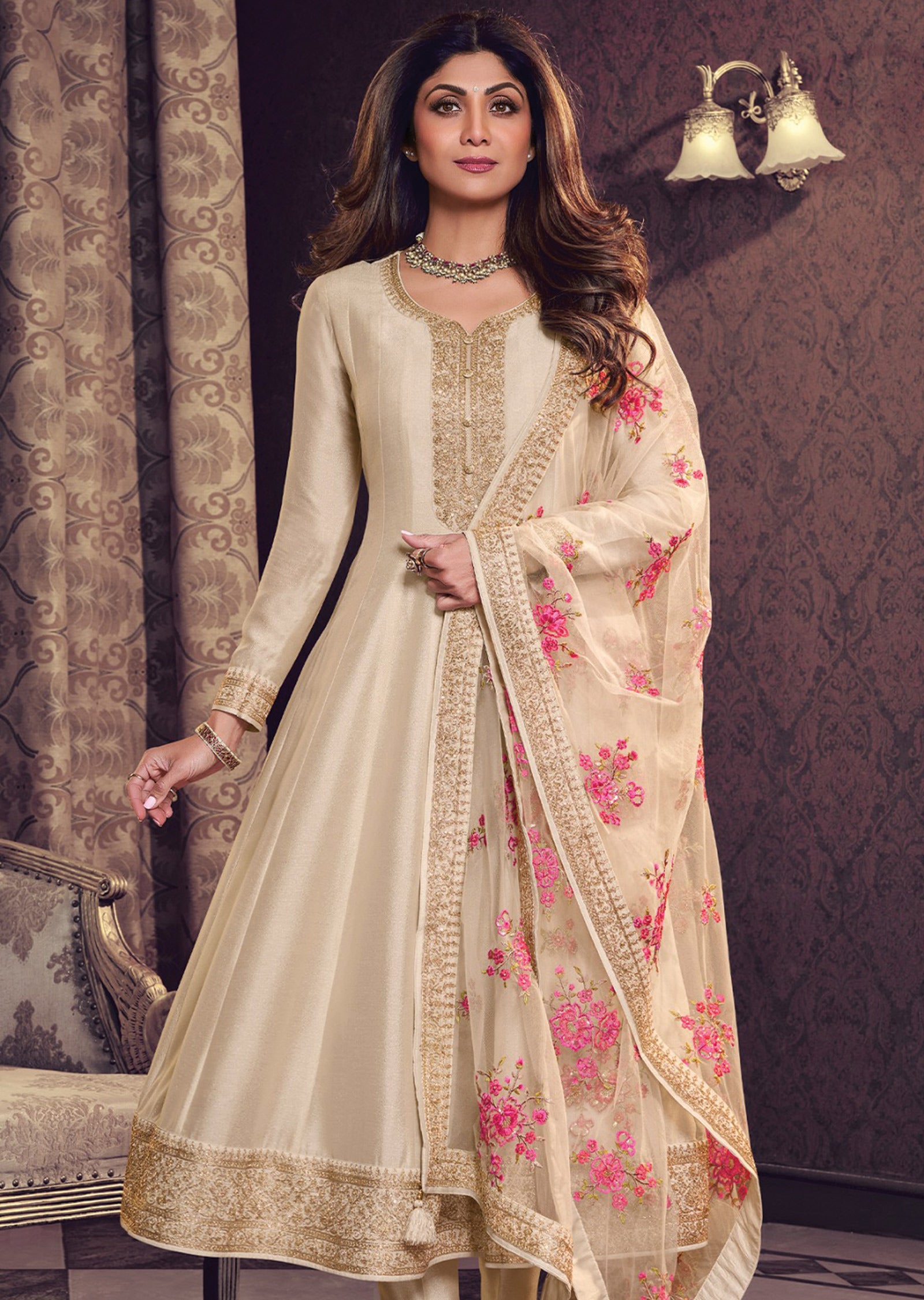 Beige Soft Silk Anarkali Suit