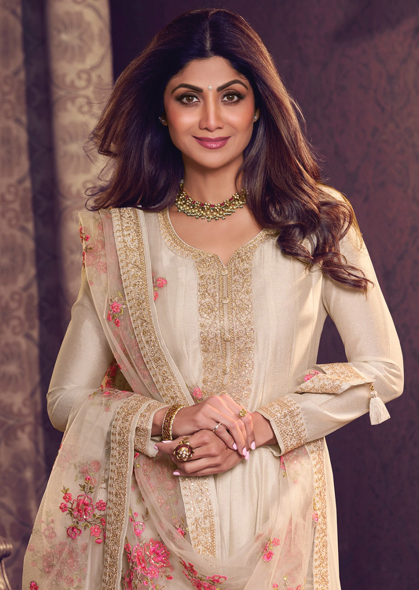 Beige Soft Silk Anarkali Suit