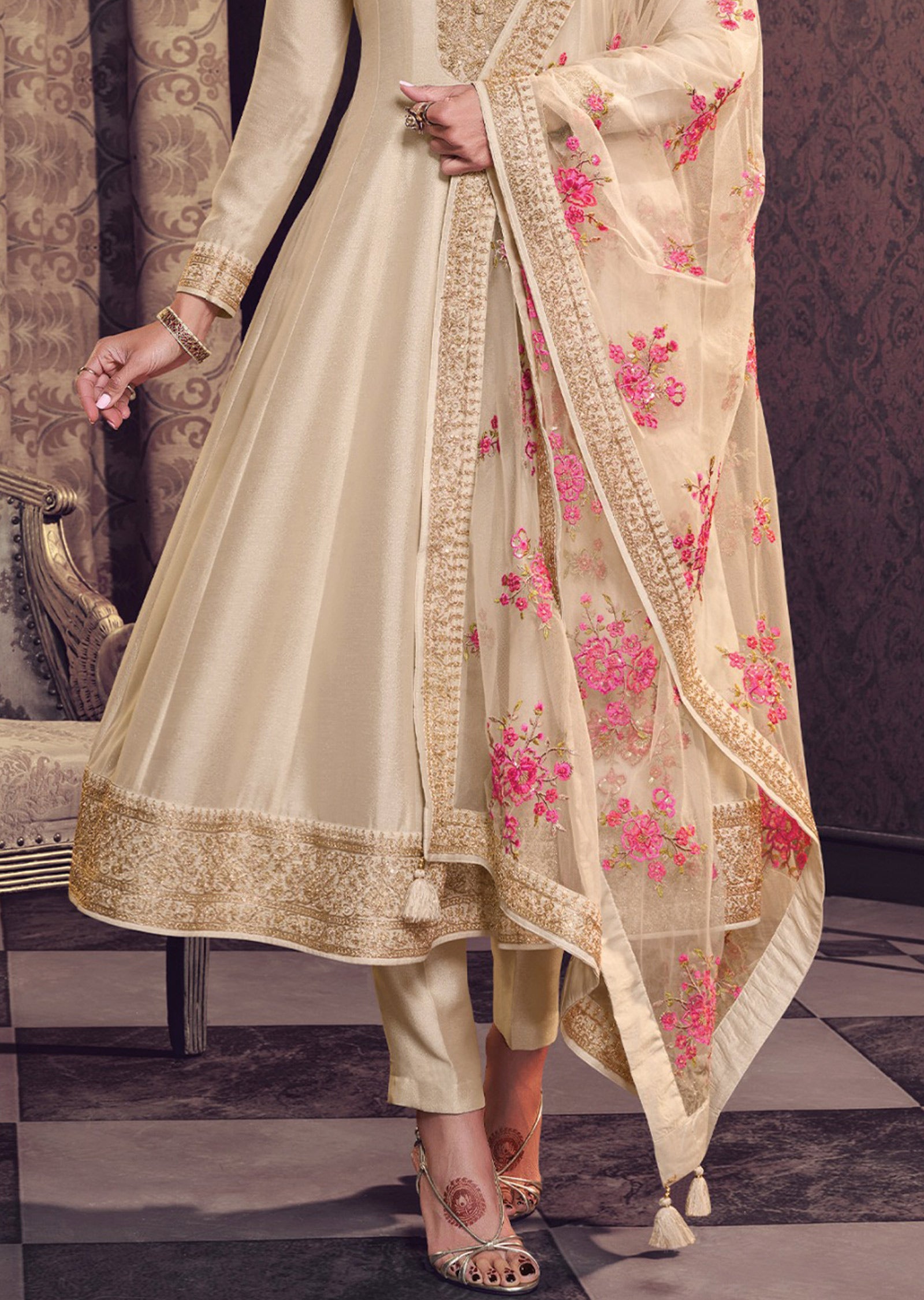 Beige Soft Silk Anarkali Suit