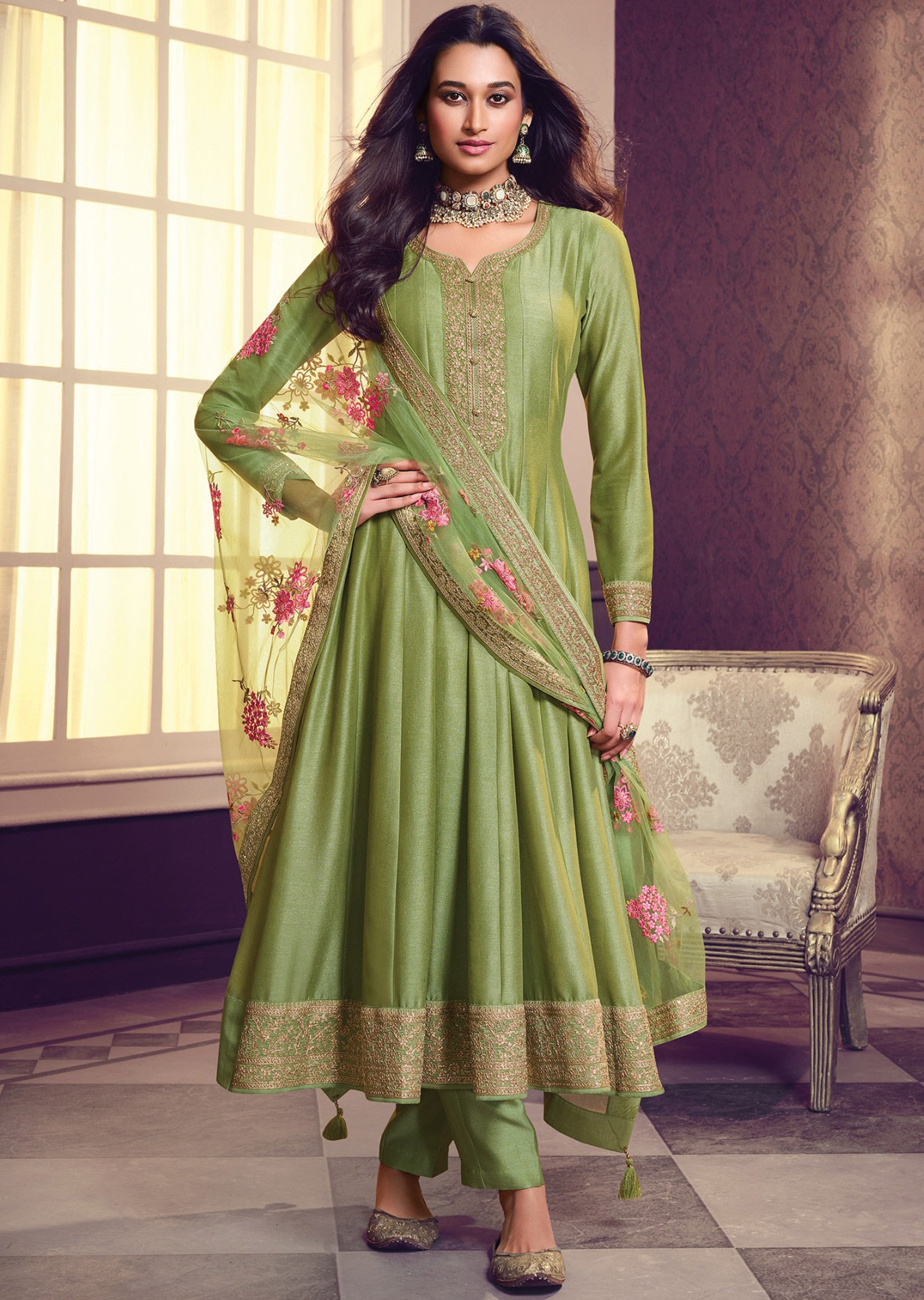 Mehndi Green Soft Silk Anarkali Suit