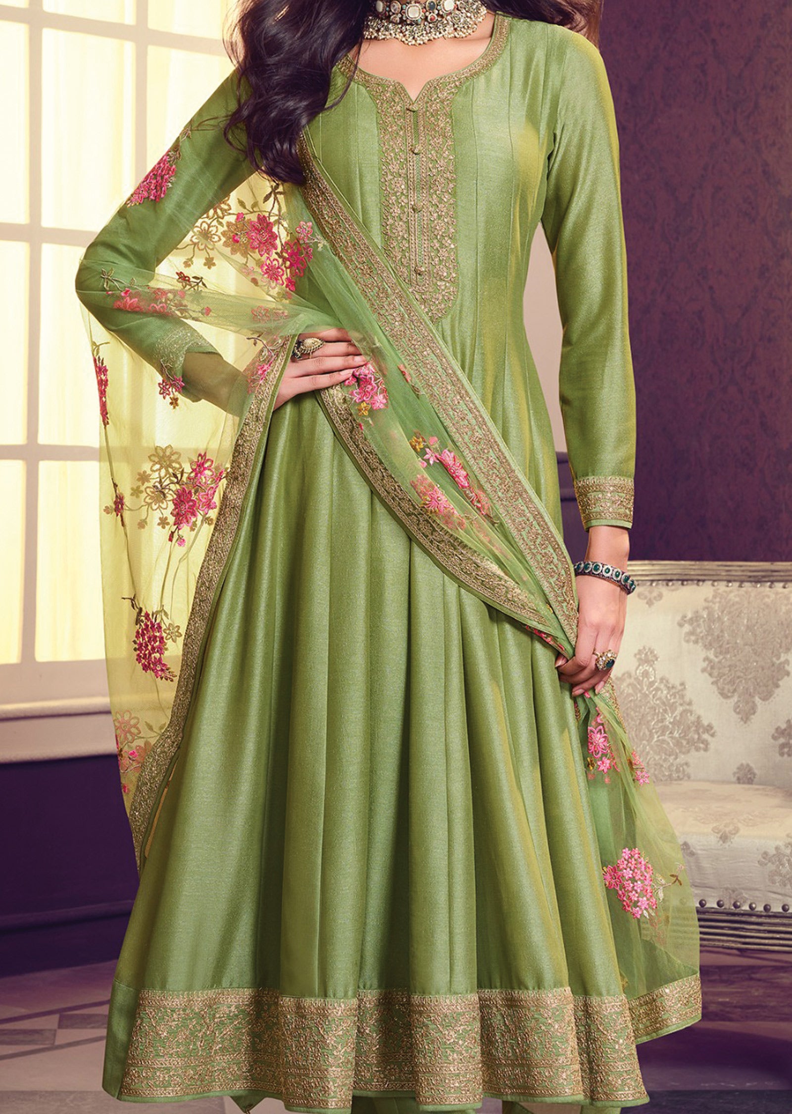 Mehendi Green Soft Silk Anarkali Suit