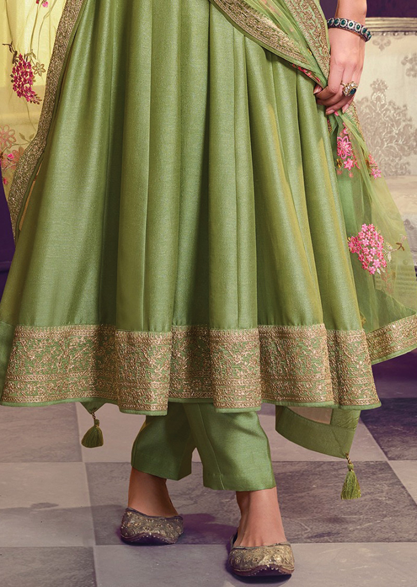 Mehendi Green Soft Silk Anarkali Suit