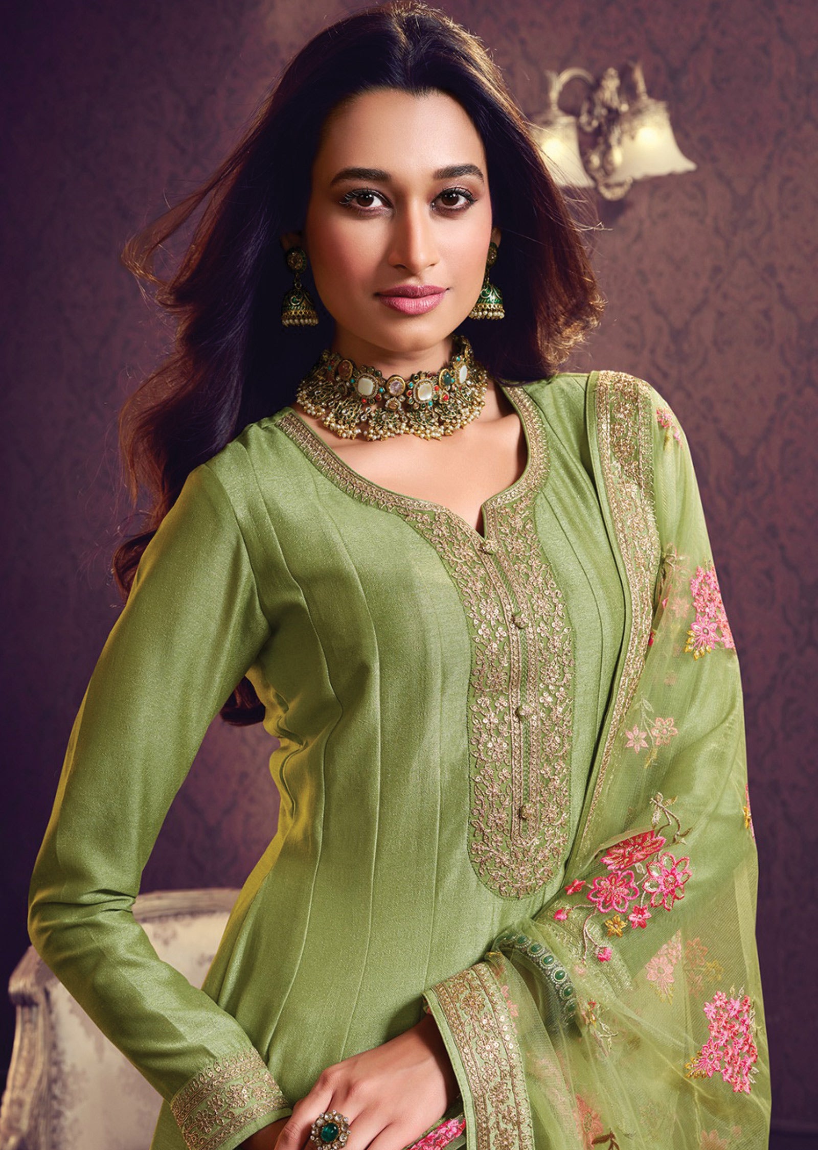 Mehendi Green Soft Silk Anarkali Suit