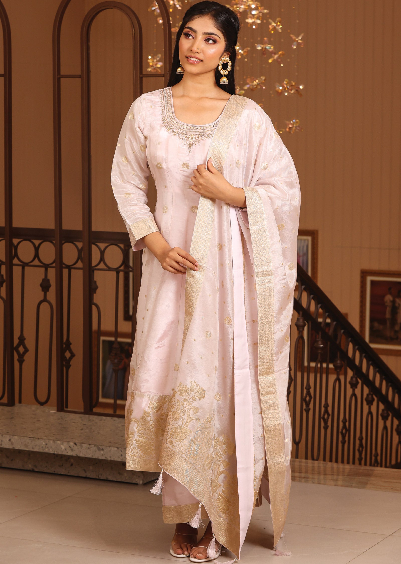 Baby Pink Banaras Silk Anarkali Suit