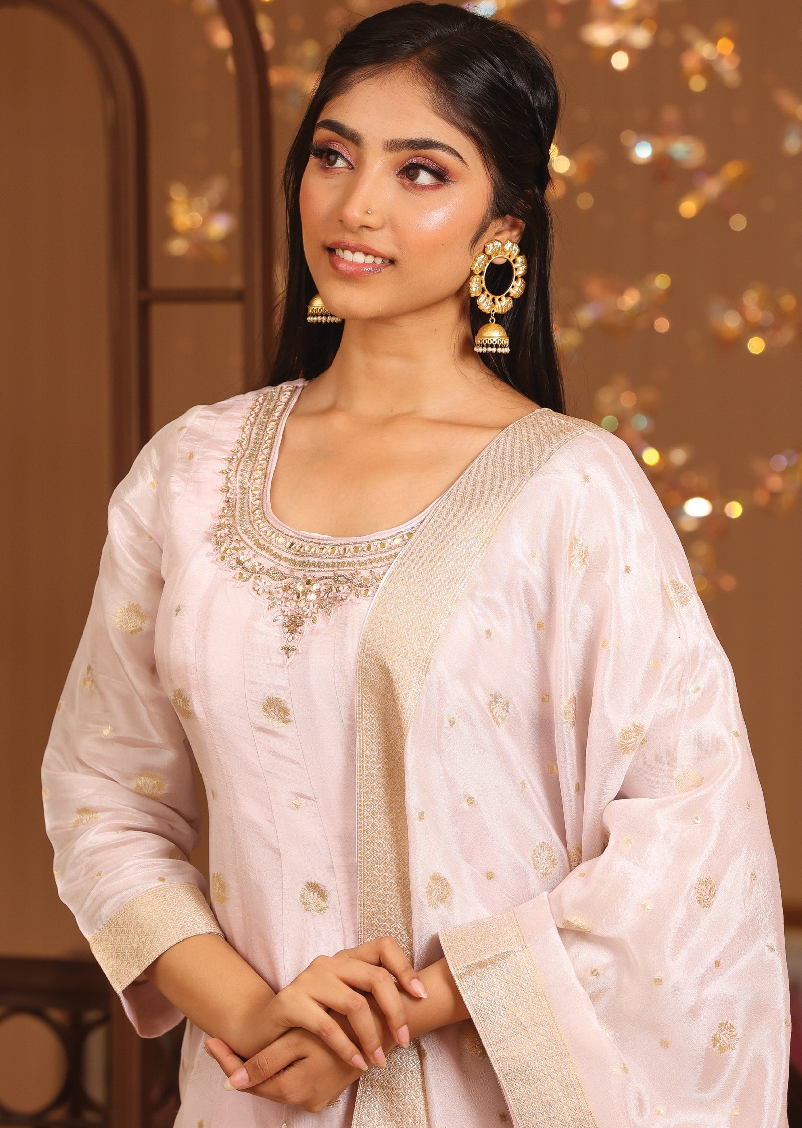 Baby Pink Banaras Silk Anarkali Suit