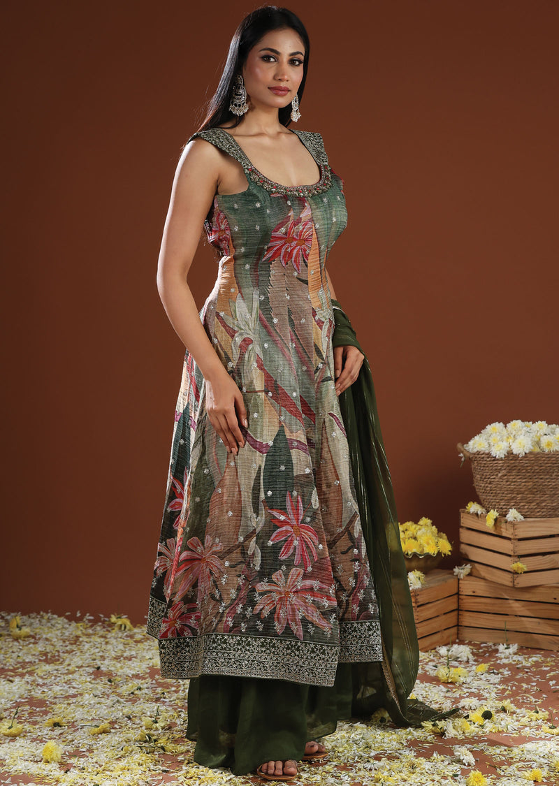 Mehendi Green Chiffon Girlish Anarkali Suit With Hand Embroidery Work On Neck & Border main image 0