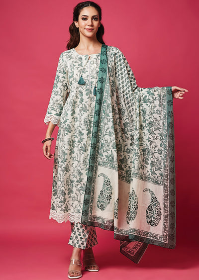 Off White & Green Cotton Anarkali Suit