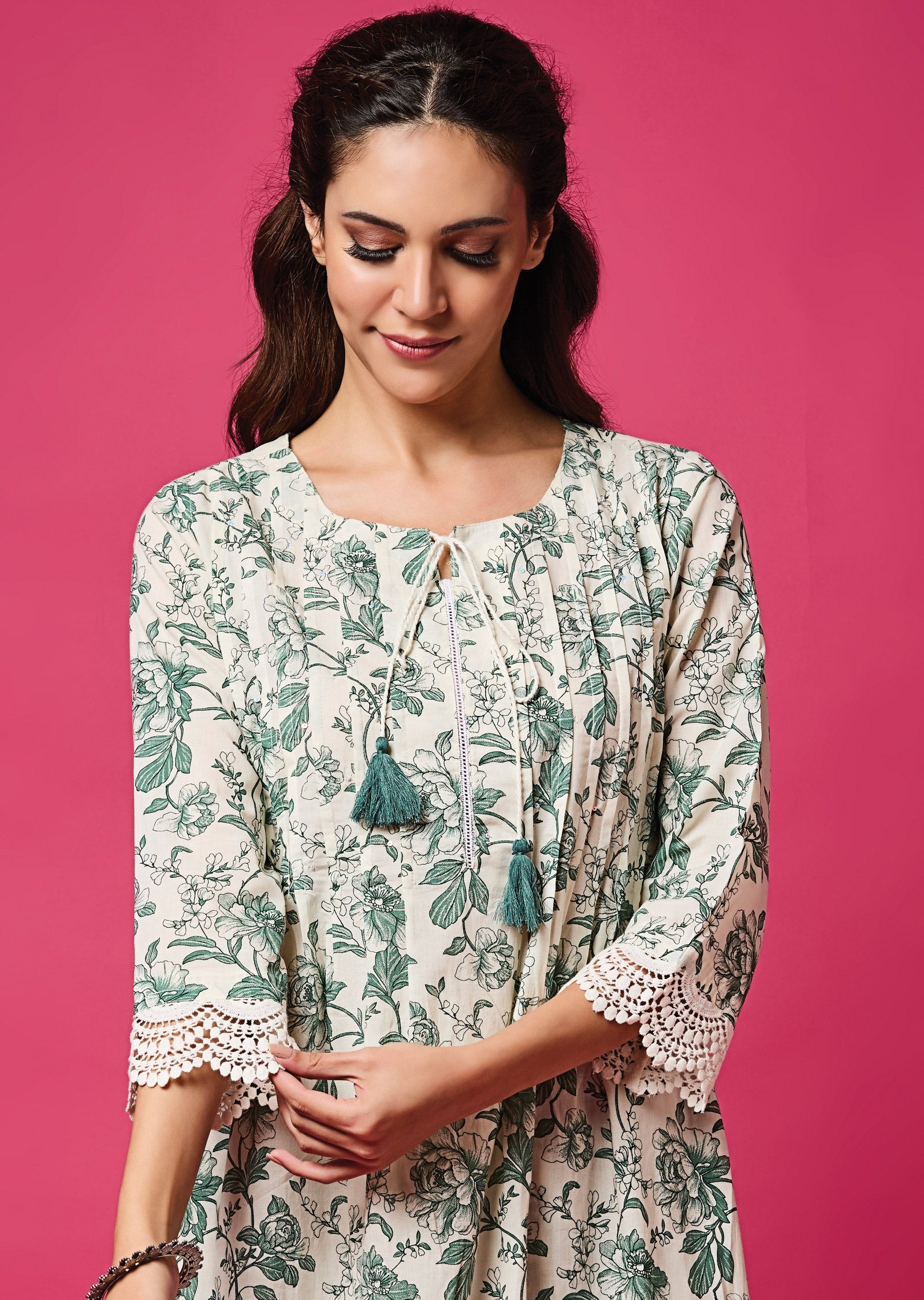 Off White & Green Cotton Anarkali Suit