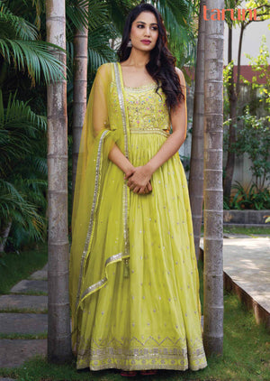 Lemon Green Chinnon Embroidered Anarkali