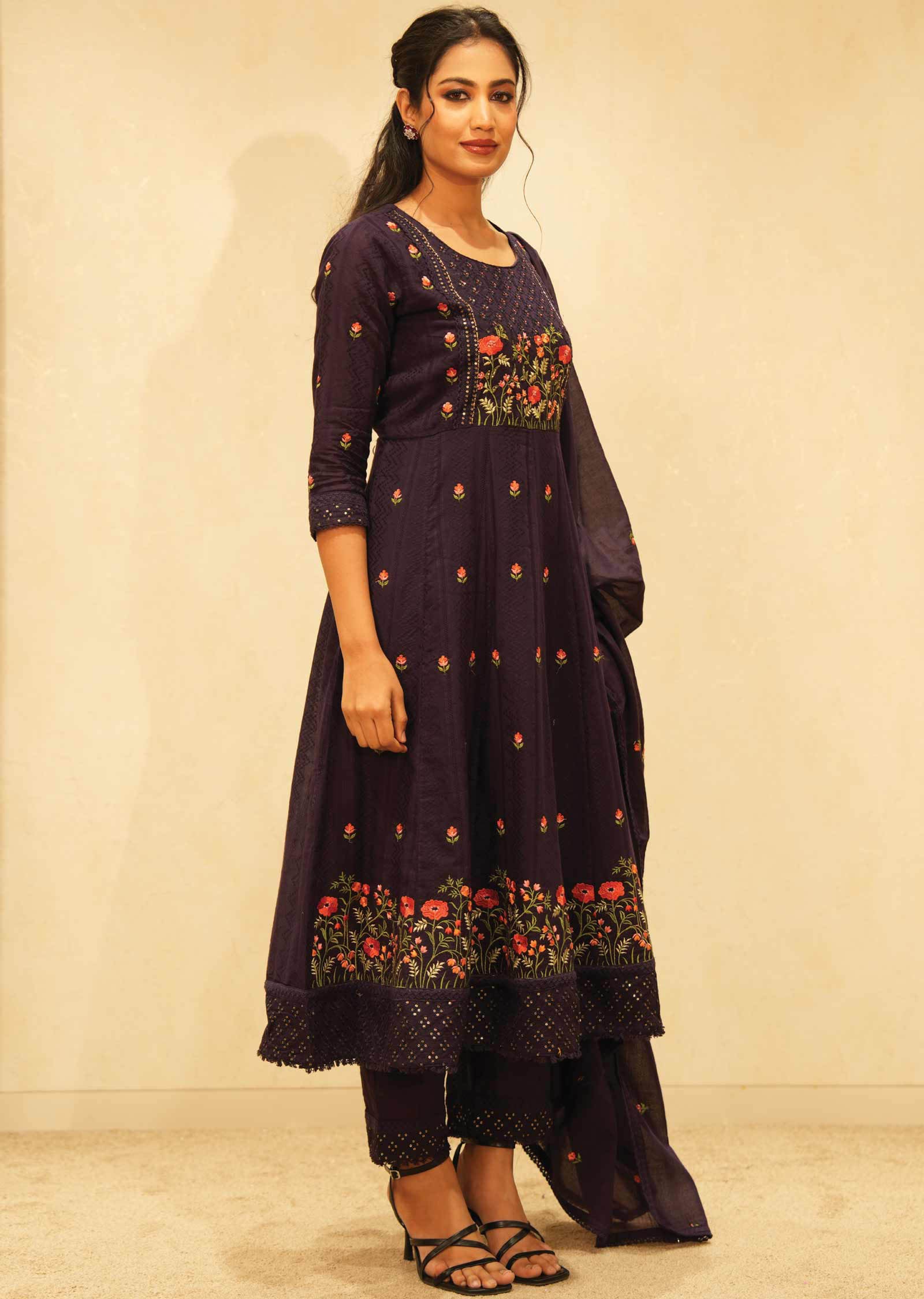 Wine Cotton Embroidered Anarkali