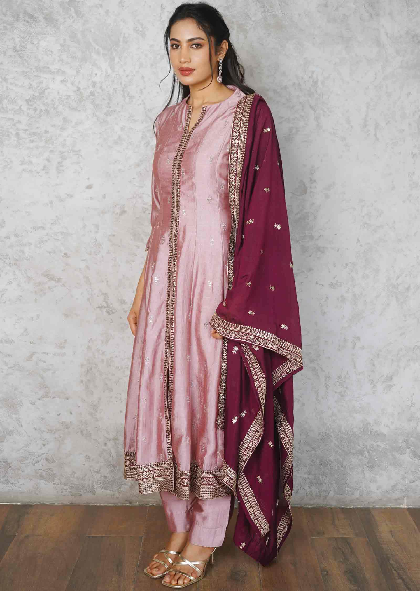 Onion Pink Silk Embroidered Anarkali