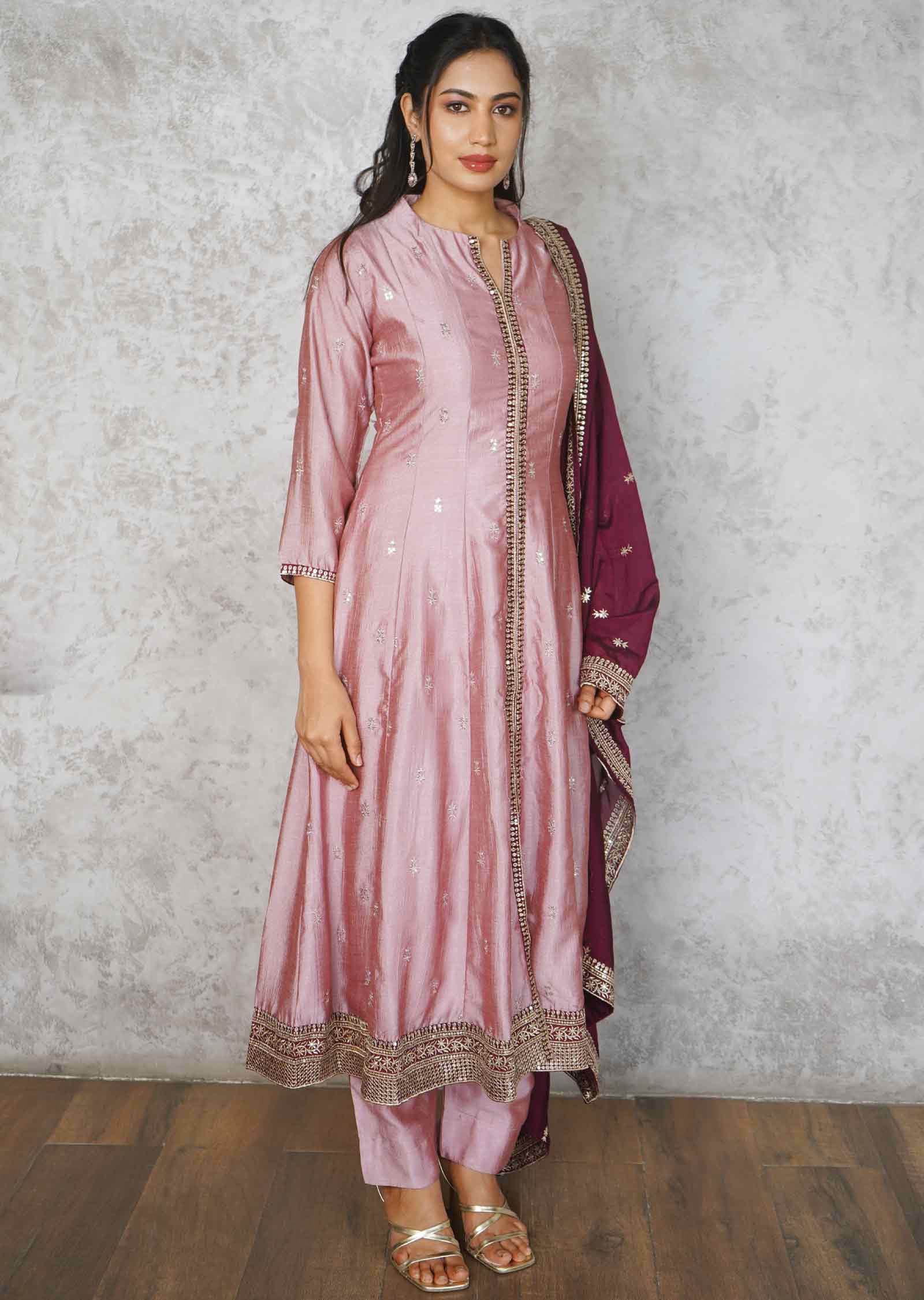 Onion Pink Silk Embroidered Anarkali