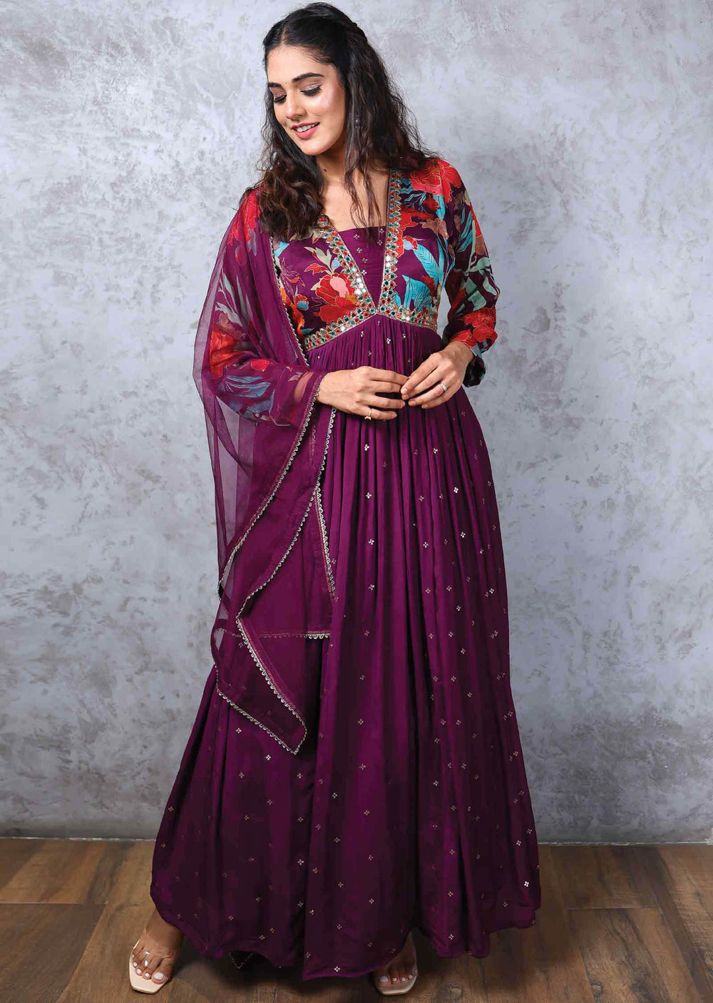 Purple Chinnon Embroidered Alia cut Anarkali