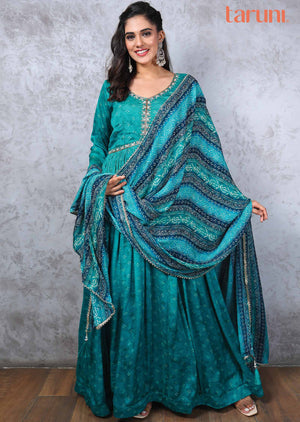 Rama Green Chinnon Zardosi & Embroidered Alia cut Anarkali