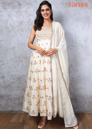 Cream Chinnon Anarkali