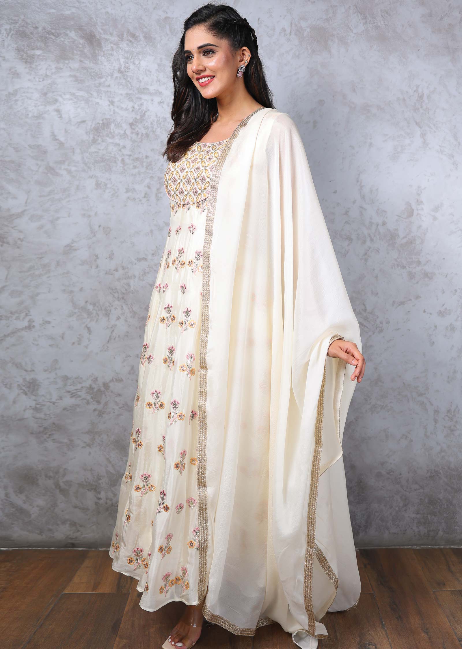 Cream Chinnon Anarkali