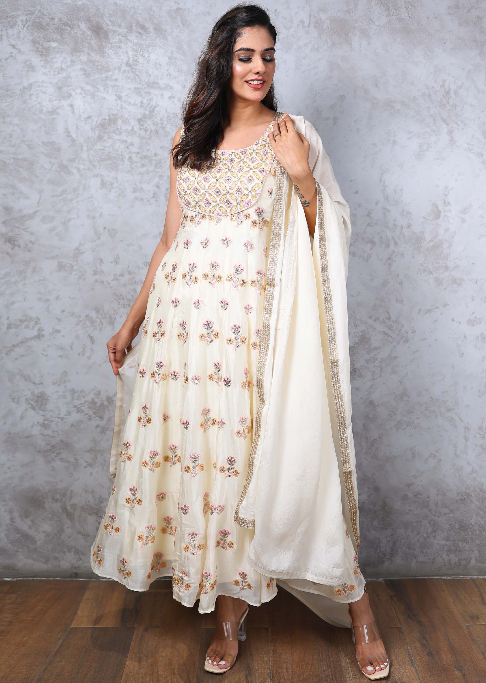 Cream Chinnon Anarkali