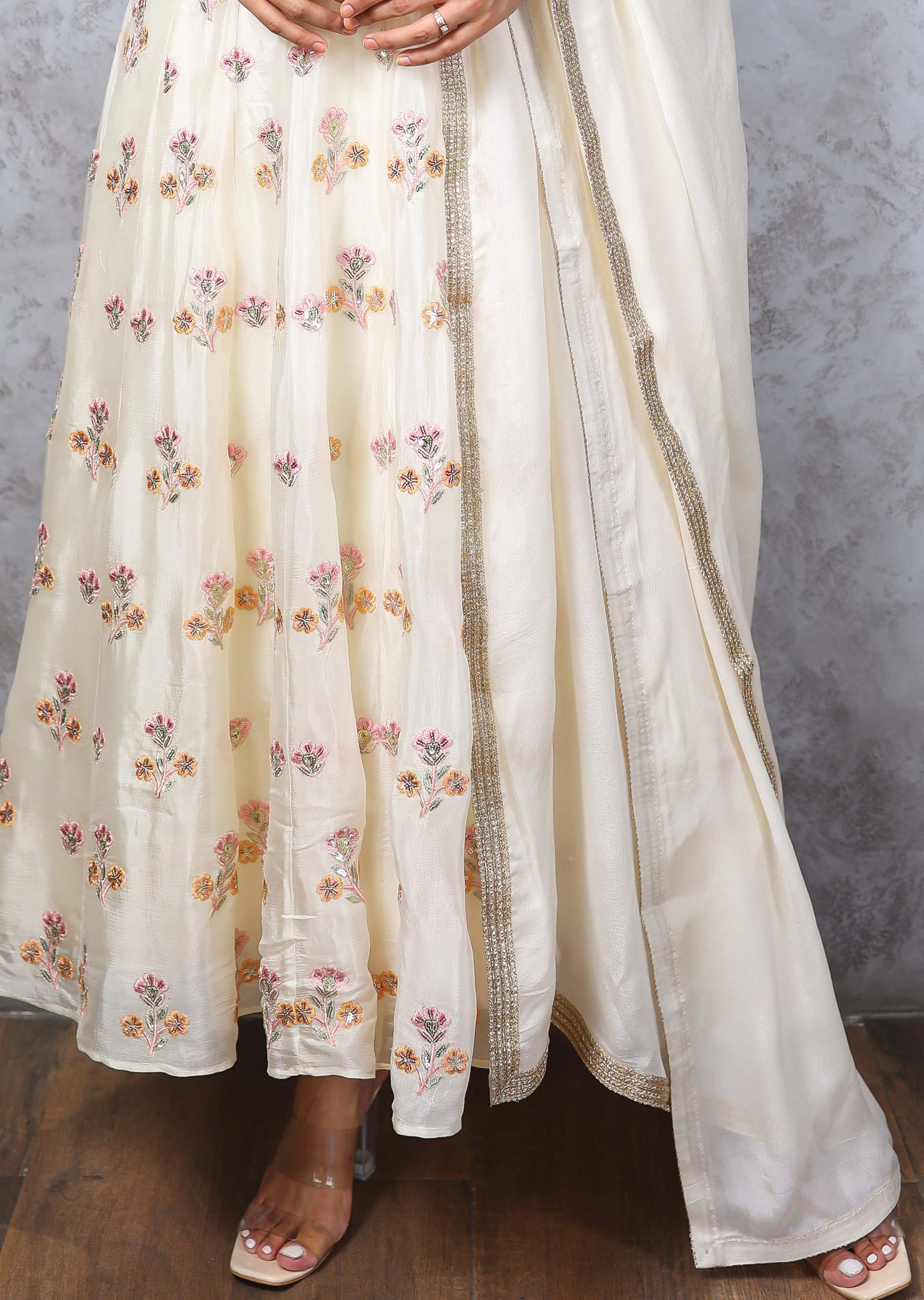 Cream Chinnon Anarkali