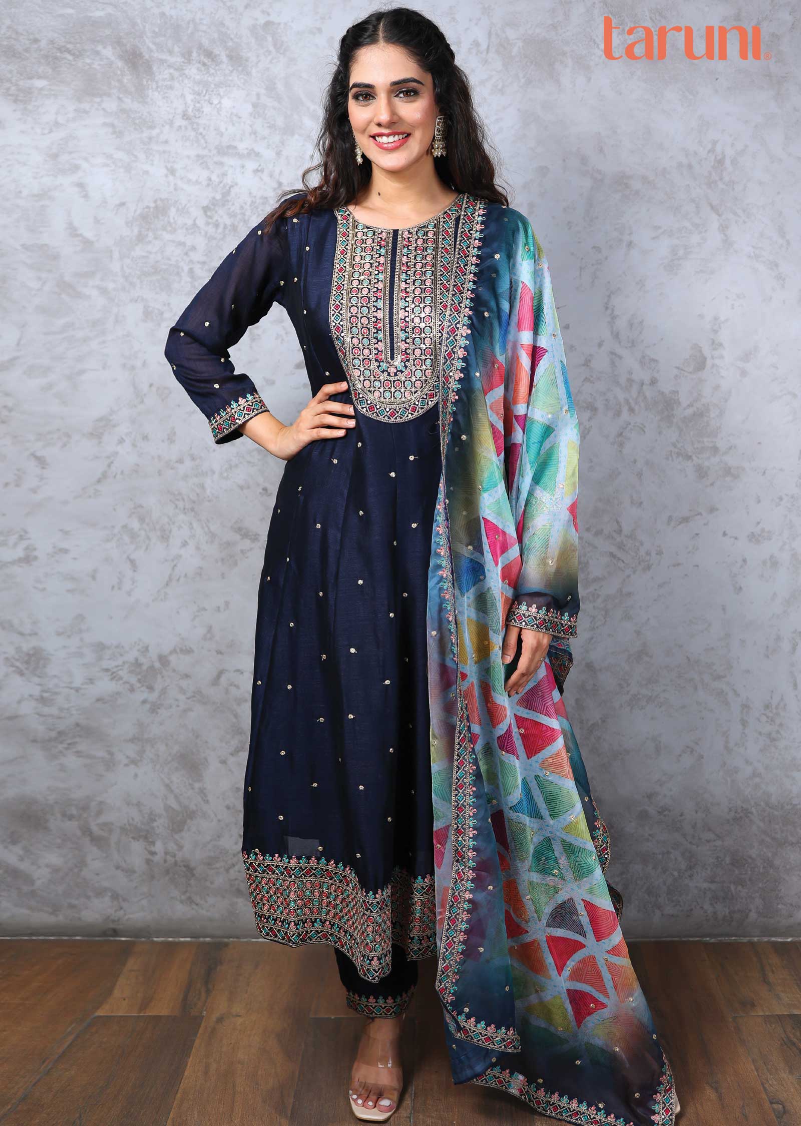 Navy Blue Silk Embroidered Anarkali