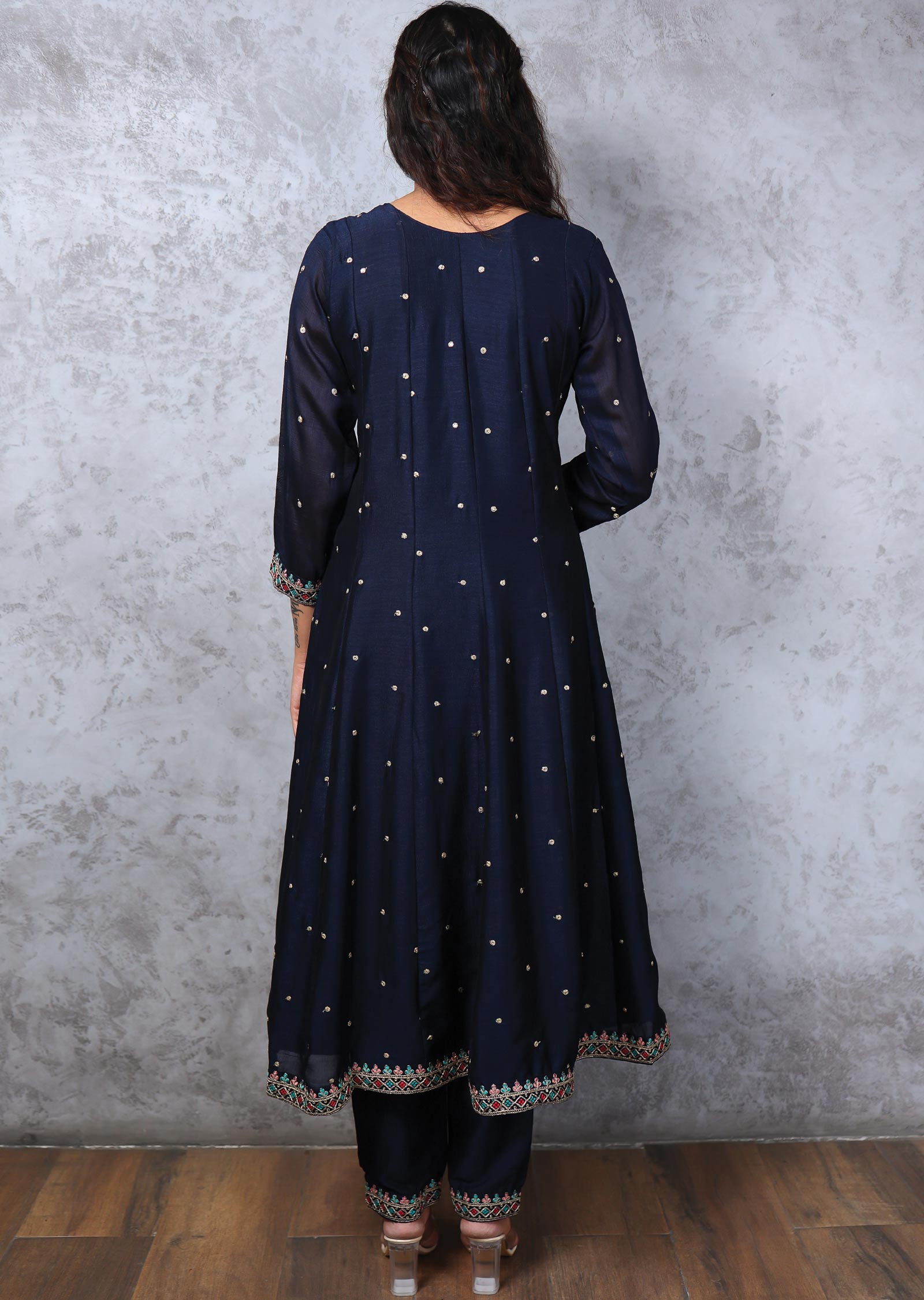 Navy Blue Silk Embroidered Anarkali