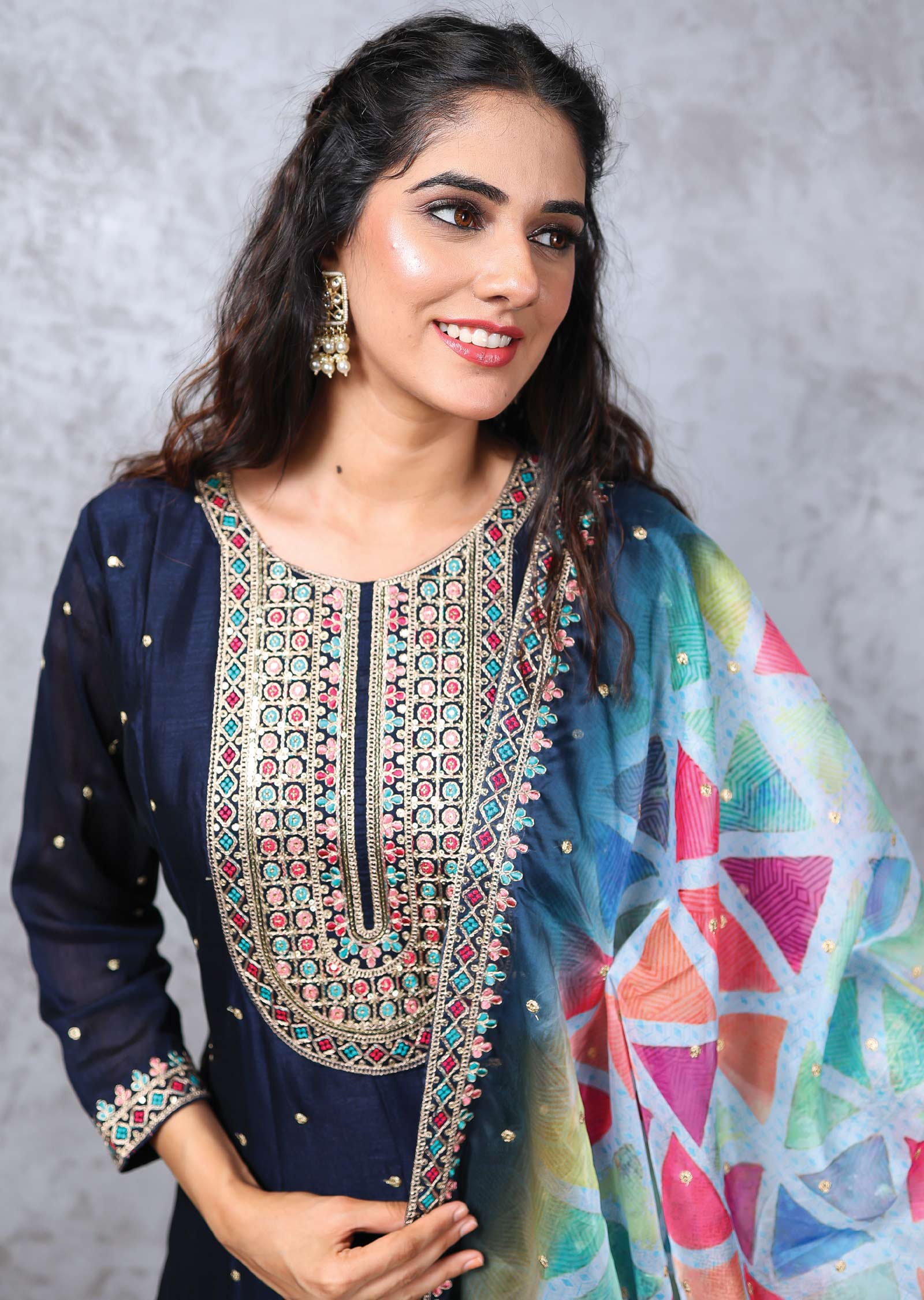 Navy Blue Silk Embroidered Anarkali