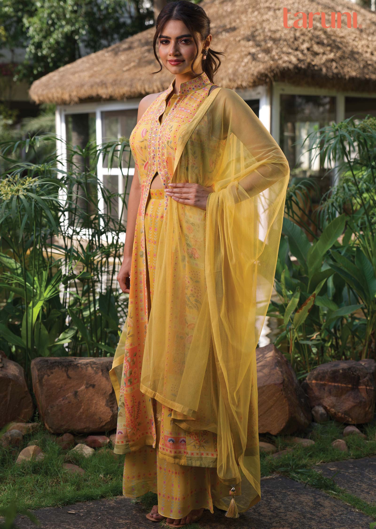 Yellow Georgette Printed Fusion/Indo-Western Anarkali