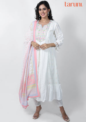 Off White Cotton Printed Anarkali