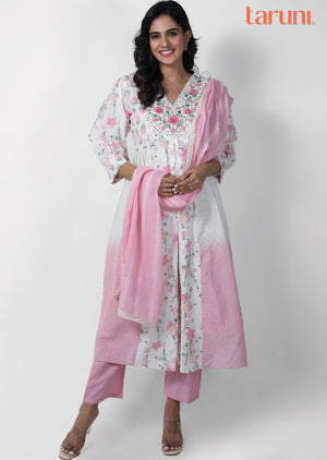 Off White & Pink Cotton Printed Anarkali