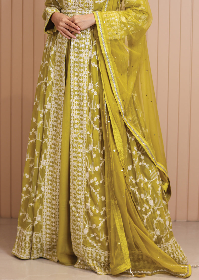 Lime Green Gota Embroidered Anarkali Dress For Women