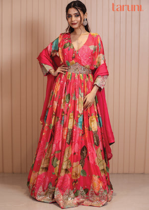 Pink Chinnon Embroidered Anarkali