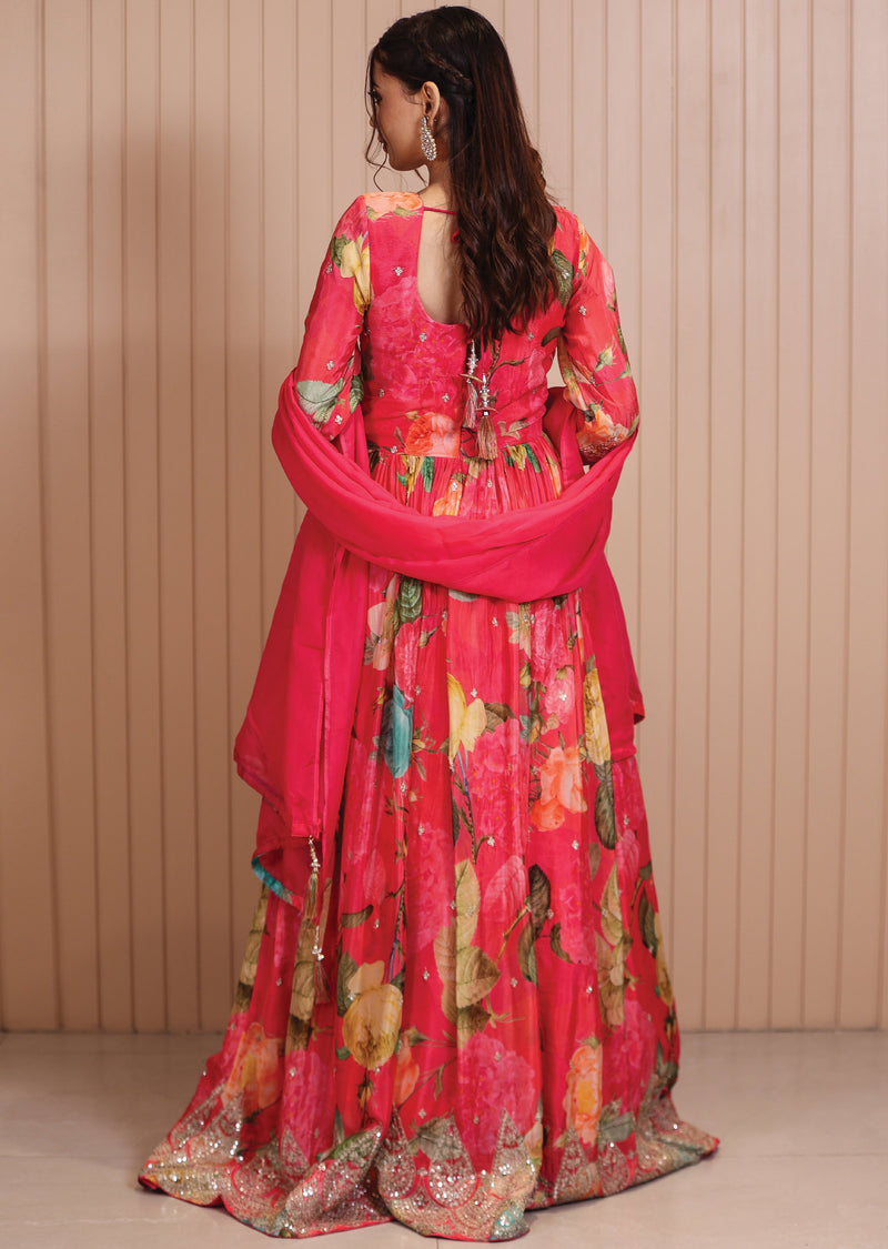 Orange & Pink Pure Chinnon Embroidered Afghani Style Dress