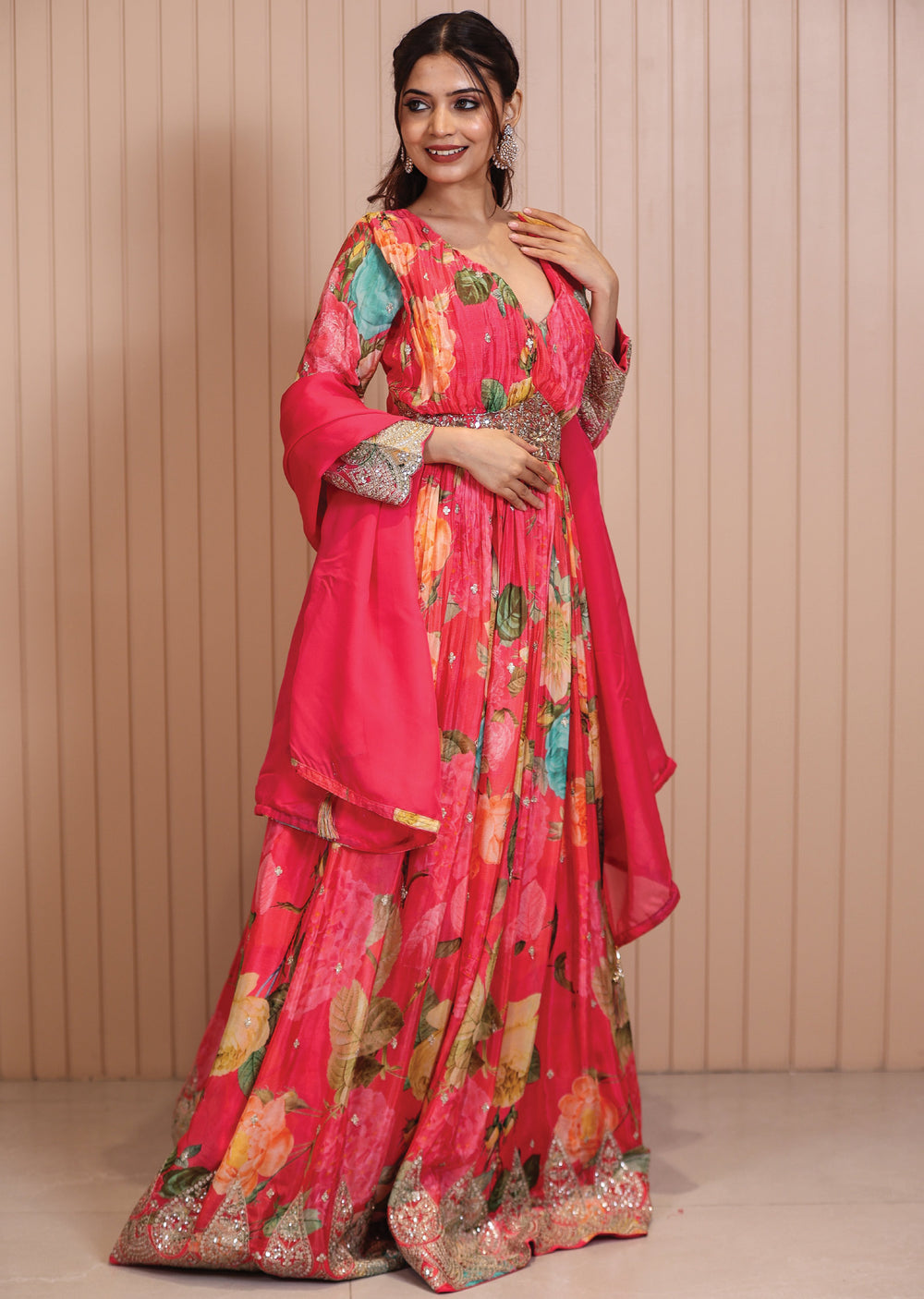 Magenta Pink Embroidered Chinnon Festive Anarkali Dress main image 1