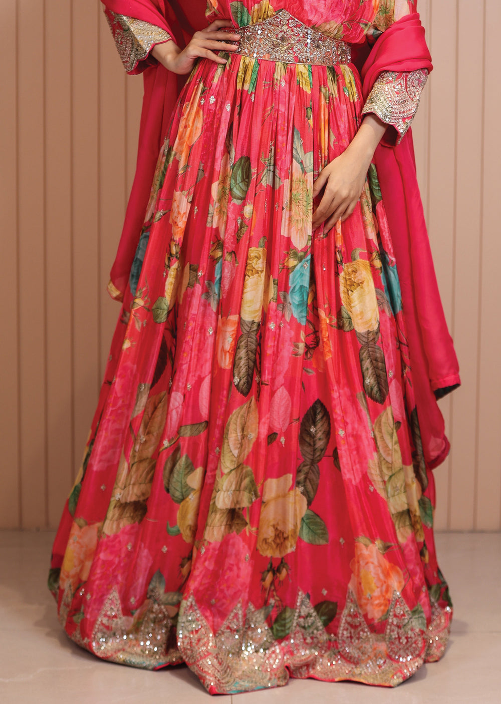 Orange & Pink Pure Chinnon Embroidered Afghani Style Dress main image 1